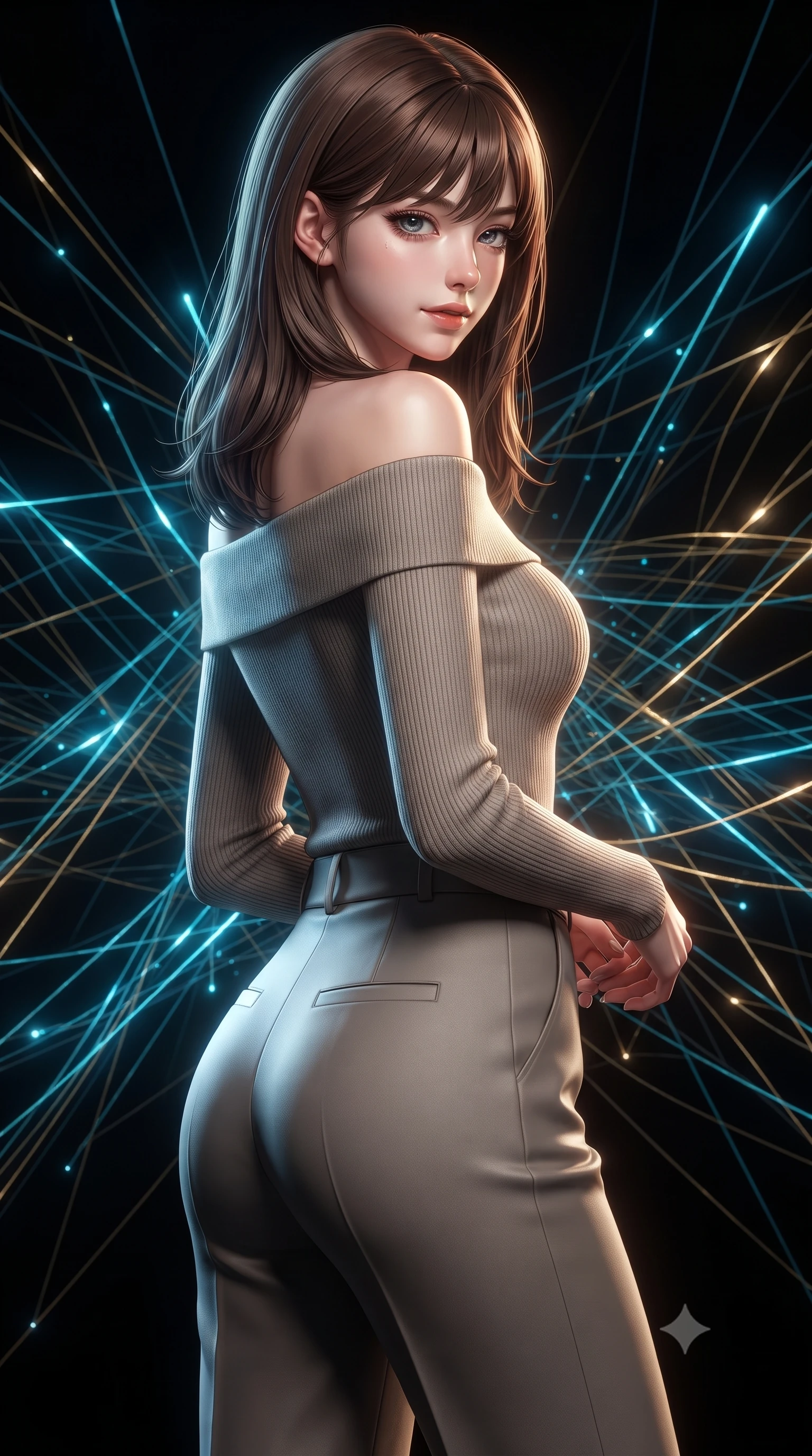 score_9, masterpiece, best quality, ultra-detailed, high-budget anime keyframe, editorial fashion photography, tasteful artistic composition, Korean woman. close-up cowboy shot from the waist and thighs up, the character dominates the composition, filling the frame with her large presence, background elements kept in soft focus. Glancing sidelong over her shoulder with a smoldering half-smile and heavy lashes standing in a dark void woven with thousands of cyan and gold light threads, high-contrast black void background making the light threads pop brilliantly. She has an exceptionally elegant, slender, and willowy female figure with an ultra-slim waist, a gracefully sculpted slender torso, and a refined silhouette. sharp v-shaped jawline, high-bridge nose, intricate jewel-like eyes with depth, thick eyelashes, glossy lips with a natural sheen. wearing a sleek off-shoulder ribbed cashmere knit top paired with high-waist tailored pants, the tailored fabric tightly following every curve of her athletic build. lit by intense fiber optic light rays creating stunning contrast and depth. ultra-reflective glossy finish, specular highlights, metallic sheen, high-contrast stereoscopic depth, volumetric dynamic lighting, 2k, ultra detail, master piece, 9:16 ratio