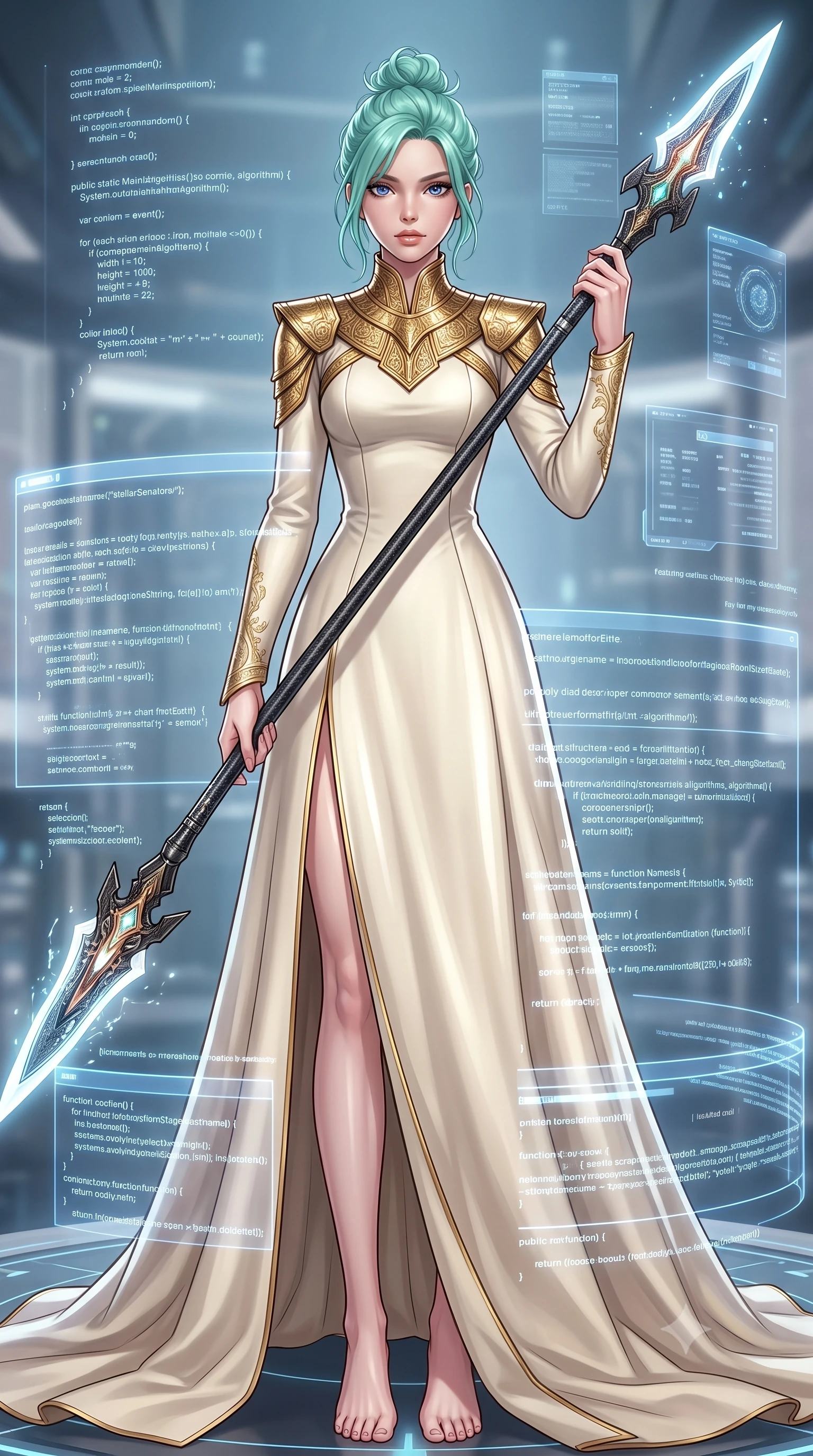 score_9, masterpiece, best quality, ultra-detailed, high-budget anime keyframe, editorial fashion photography, tasteful artistic composition, Japanese woman. low angle full-body shot from head to toe showing her feet, filling the entire 9:16 vertical frame with her statuesque presence, stretching her vertical silhouette. standing in a dynamic combat stance with a carbon-fiber spear held diagonally, stretching her statuesque body, the background shows a soft-focus a digital combat platform surrounded by floating code lines and algorithms. She has an absolutely perfect, statuesque 8.5-heads proportion, an exceptionally tall and slender model-like female figure with impossibly long slender legs and an ultra-slim waist. sharp v-shaped jawline, high-bridge nose, intricate jewel-like eyes with depth, thick eyelashes, glossy lips with a natural sheen. wearing a tailored elegant stellar senator gown in heavy cream wool, featuring structured metallic gold collar guards and long sleeves. sharp white light from the scrolling code lines highlighting her clothing textures. highly saturated vibrant anime colors, detailed shading with soft gradients, rich glossy textures, high-contrast stereoscopic depth, volumetric dynamic lighting, master piece, 9:16 ratio