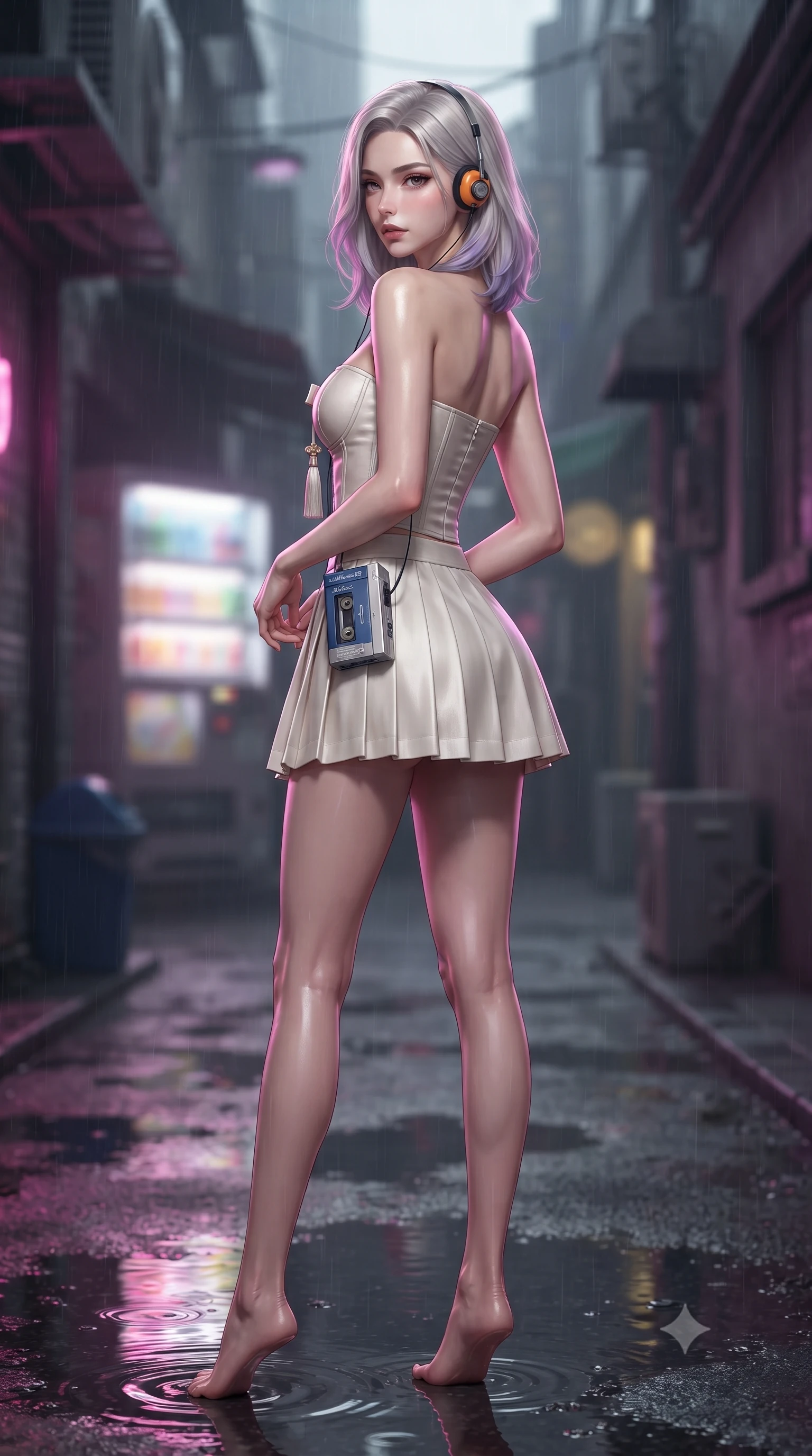 score_9, masterpiece, best quality, ultra-detailed, high-budget anime keyframe, editorial fashion photography, tasteful artistic composition, Caucasian woman. low angle full-body shot from head to toe showing her feet, filling the entire 9:16 vertical frame with her statuesque presence, stretching her vertical silhouette. walking along the moonlit terrace with poise, looking back over her bare shoulder with an irresistible smoldering bedroom-gaze while standing poised in the middle of the rain-washed alley with hips cocked back, looking into the camera with an irresistible bedroom-smile. The background shows a soft-focus vending machine glows softened in nostalgic retro city shallow focus. She has an absolutely perfect, statuesque 8.5-heads proportion, an exceptionally tall and slender model-like female figure with impossibly long slender legs, an ultra-slim waist, a flat toned midriff, narrow delicate ribcage, and beautifully sculpted feminine hips creating a graceful, slim hourglass silhouette without any bulky heaviness. sharp v-shaped jawline, high-bridge nose, sparkling eyes with hypnotic seductive depth, thick curled eyelashes, glossy parted lips with a natural dewy peach sheen, alluring bedroom-eyes with an enchanting coquettish smile, exuding magnetic siren charisma and sophisticated glamour, flawlessly proportioned anatomical accuracy, strict slender model proportions, natural body alignment, perfectly sculpted long slender limbs, ultra-slim waistline, clean dynamic posture without body distortion. wearing a modern strapless boned hanbok bustier with traditional norigae tassel accents paired with a micro-pleated silk mini skirt in pure pearl alabaster with platinum sheen, woven from buttery-soft stretch lambskin leather adhering to her body like a second skin, complemented by a retro cassette walkman with vintage foam-padded orange headphones, the precision-cut side openings and low-back scoop framing her graceful spine and the sensual sweep of her slim, toned hips. illuminated by puddle specular bounce and sharp magenta rim lights defining her razor-sharp jawline, ultra-slim waist, and curvy hips. ultra-reflective glossy finish, specular highlights, rich textural contrasts, high-contrast stereoscopic depth, volumetric dynamic lighting, 2k, ultra detail, master piece, 9:16 ratio