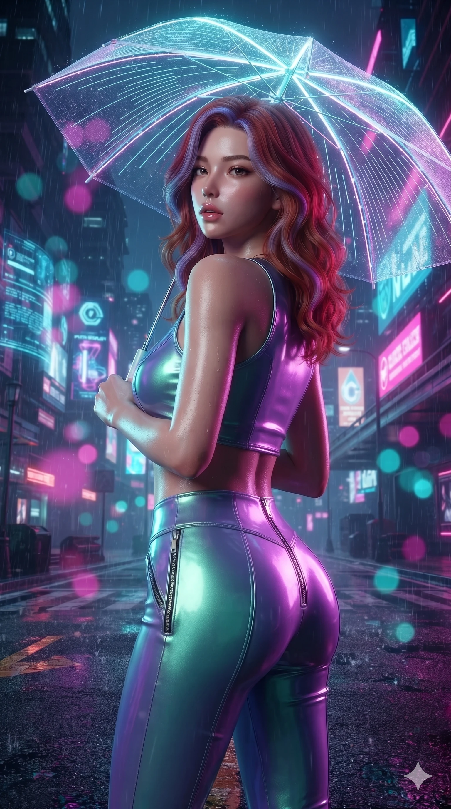score_9, masterpiece, best quality, ultra-detailed, high-budget anime keyframe, editorial fashion photography, tasteful artistic composition, Caucasian woman. close-up cowboy shot from the waist and thighs up, the character dominates the composition, filling the frame with her large presence. posing in an alluring rear three-quarter angle, looking over a bare shoulder with parted glossy lips, her hips cocked back to highlight her slim hourglass curve while standing poised on the wet asphalt boulevard beneath a glowing translucent umbrella with laser ribs, arching her lower back with sovereign supermodel allure as rain droplets scatter neon light. The background shows a soft-focus towering 3D holographic advertisements, neon-drenched sky-freeway tiers, and rain mist scattering magenta and cyan light blurred into fuchsia, turquoise, and amber bokeh. She has an exceptionally elegant, slender, and willowy female figure with an ultra-slim waist, flat toned midriff, narrow ribcage, and sculpted feminine hips creating an alluring, slim hourglass silhouette without bulk. sharp v-shaped jawline, high-bridge nose, intricate jewel-like sparkling eyes with depth, thick eyelashes, glossy parted lips with a natural peach sheen, bright cheerful beaming smile with an enchanting and coquettish sensual glint, exuding both youthful cute charm and seductive allure, flawlessly proportioned anatomical accuracy, strict slender model proportions, natural body alignment, perfectly sculpted long slender limbs, ultra-slim waistline, clean dynamic posture without body distortion. wearing a glossy vinyl crop top and high-waist tailored leggings with sleek chrome zippers and exposed midriff in phosphorescent ultraviolet amethyst and mint green, crafted from stretch micro-mesh with liquid foil coating that shimmers with every movement, complemented by sheer opera-length evening gloves tracing her slender arms, the second-skin tailored fabric adhering flawlessly to her sculpted flat midriff and slender torso, emphasizing her long leg lines and perfectly proportioned willowy build. illuminated by wet asphalt reflection bounce and sharp laser-cyan rim lights sculpting her razor-sharp jawline, narrow waist, and curvy hips. ultra-reflective glossy finish, specular highlights, rich textural contrasts, high-contrast stereoscopic depth, volumetric dynamic lighting, 2k, ultra detail, master piece, 9:16 ratio