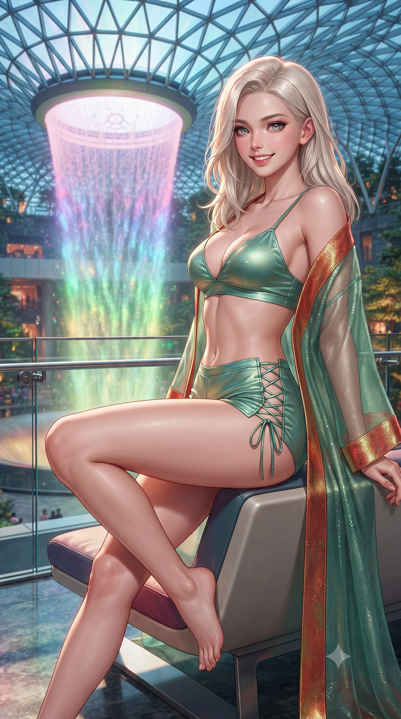 score_9, masterpiece, best quality, ultra-detailed, high-budget anime keyframe, editorial fashion photography, tasteful artistic composition, Caucasian woman. close-up cowboy shot from the waist and thighs up, the character dominates the composition, filling the frame with her large presence. perched sideways on the lounge seat, one knee drawn up to showcase her slender leg line while her arched back accentuates her feminine hip curve while standing poised on the cantilevered glass skybridge beside the colossal 7-story indoor waterfall vortex cascading from the domed ceiling, arching her lower back with breathtaking siren grace. The surrounding environment is rendered in vivid detail and crisp panoramic clarity: detailed outfit texture, silhouette contours, and world-renowned airport architecture in high resolution. She has an exceptionally elegant, slender, and willowy female figure with an ultra-slim waist, flat toned midriff, narrow ribcage, and sculpted feminine hips creating an alluring, slim hourglass silhouette without bulk. sharp v-shaped jawline, high-bridge nose, intricate jewel-like sparkling eyes with depth, thick eyelashes, glossy parted lips with a natural peach sheen, bright cheerful beaming smile with an enchanting and coquettish sensual glint, exuding both youthful cute charm and seductive allure, flawlessly proportioned anatomical accuracy, strict slender model proportions, natural body alignment, perfectly sculpted long slender limbs, ultra-slim waistline, clean dynamic posture without body distortion. wearing a sheer silk organza modern caftan robe worn loose and slipping off bare shoulders over a matching satin bralette and micro-shorts in Tanjong Pagar Peranakan jade green and gilded vermilion, crafted from stretch micro-mesh with liquid foil coating that shimmers with every movement, featuring fine criss-cross lace-up side ties revealing tantalizing glimpses of her hip curve, the liquid-tight tailored fabric clinging flawlessly to her narrow waist and rounded feminine hips, emphasizing every millimeter of her sculpted slim hourglass curves without any bulky heaviness. bathed in the dynamic multi-colored projection mapping of the waterfall vortex combined with soft warm botanical uplights. ultra-reflective glossy finish, specular highlights, rich textural contrasts, high-contrast stereoscopic depth, volumetric dynamic lighting, 2k, ultra detail, master piece, 9:16 ratio