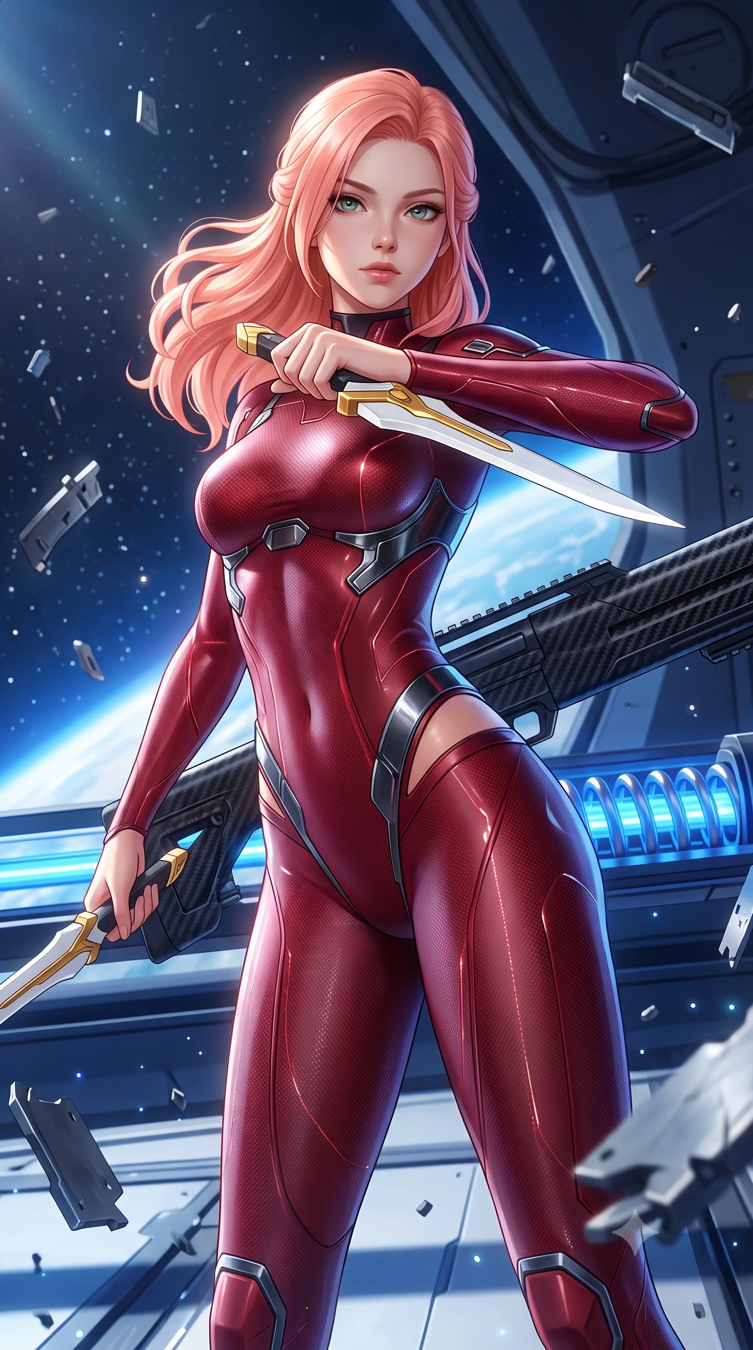 score_9, masterpiece, best quality, ultra-detailed, high-budget anime keyframe, semi-realistic 3D game render, editorial fashion photography, tasteful artistic composition, Japanese woman. close-up cowboy shot from the waist and thighs up, the character dominates the composition, filling the frame with her large presence. twisting her upper body in a dynamic S-curve combat stance, one hand steadying her weapon with commanding supermodel allure while pivoting dynamically on a magnetic catwalk as floating zero-gravity metal debris and starlight frame her statuesque silhouette. The surrounding environment is rendered in vivid detail and crisp panoramic clarity. sharp carbon-fiber rifle barrel weave, glowing blue railgun accelerator coils, and space station rivets in deep focus. She has an exceptionally elegant, slender, and willowy female figure with an ultra-slim waist, a gracefully sculpted slender torso, toned flat midriff, and a refined slim silhouette. sharp v-shaped jawline, high-bridge nose, intricate jewel-like eyes with depth, thick eyelashes, glossy lips with a natural sheen, flawlessly proportioned anatomical accuracy, strict slender model proportions, natural body alignment, perfectly sculpted long slender limbs, ultra-slim waistline, clean dynamic posture without body distortion. wearing a skin-tight crimson carbon-weave combat leotard with metallic dark chrome plating and hip-accentuating cutouts, holding twin glowing high-frequency vibro-blades with effortless supermodel poise in arctic white carbon composite with radiant solar gold plating, crafted from semi-translucent cybernetic carbon-vinyl interwoven with glowing micro-filaments, detailed with magnetic weapon holsters and polished chrome connection clasps, the form-contouring material adhering flawlessly to her sculpted flat midriff and slender torso, emphasizing her long leg lines and perfectly proportioned willowy build. bathed in dazzling natural orbital sunlight and rich blue planetary ambient bounce light. rich saturated anime colors with glowing neon highlights, detailed shading with soft gradients, rich glossy textures, high-contrast stereoscopic depth, volumetric dynamic lighting, master piece, 9:16 ratio