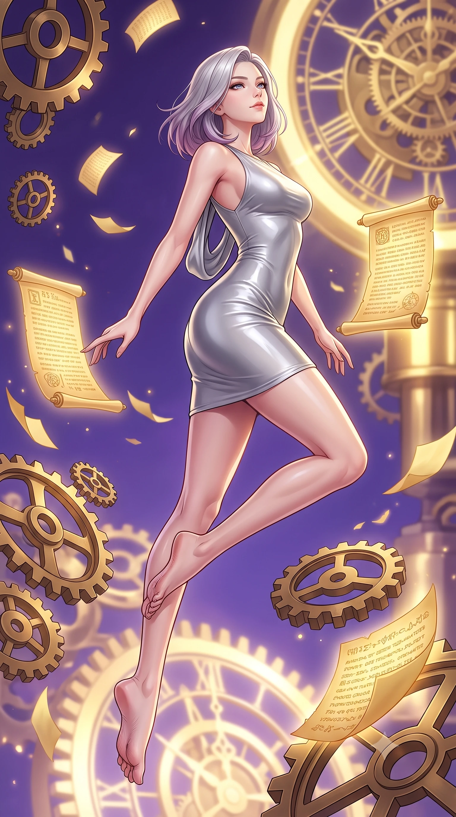 score_9, masterpiece, best quality, ultra-detailed, high-budget anime keyframe, editorial fashion photography, tasteful artistic composition, Caucasian woman. low angle full-body shot from head to toe showing her feet, filling the entire 9:16 vertical frame with her statuesque presence, stretching her vertical silhouette. leaping gracefully through the environment with statuesque elegance and long slender legs surrounded by floating antique brass gears and glowing golden parchment scrolls, golden paper pages fluttering gently around her in a magical breeze. She has an absolutely perfect, statuesque 8.5-heads proportion, an exceptionally tall and slender model-like female figure with impossibly long slender legs and an ultra-slim waist. sharp v-shaped jawline, high-bridge nose, intricate jewel-like eyes with depth, thick eyelashes, glossy lips with a natural sheen. wearing a precision-fitted liquid silver jersey bodycon dress with a graceful draped back, the form-contouring material highlighting her ultra-slim waist and long lines. lit by a contrast of deep violet sky and radiant golden mechanical light. highly saturated vibrant anime colors, detailed shading with soft gradients, rich glossy textures, high-contrast stereoscopic depth, volumetric dynamic lighting, master piece, 9:16 ratio