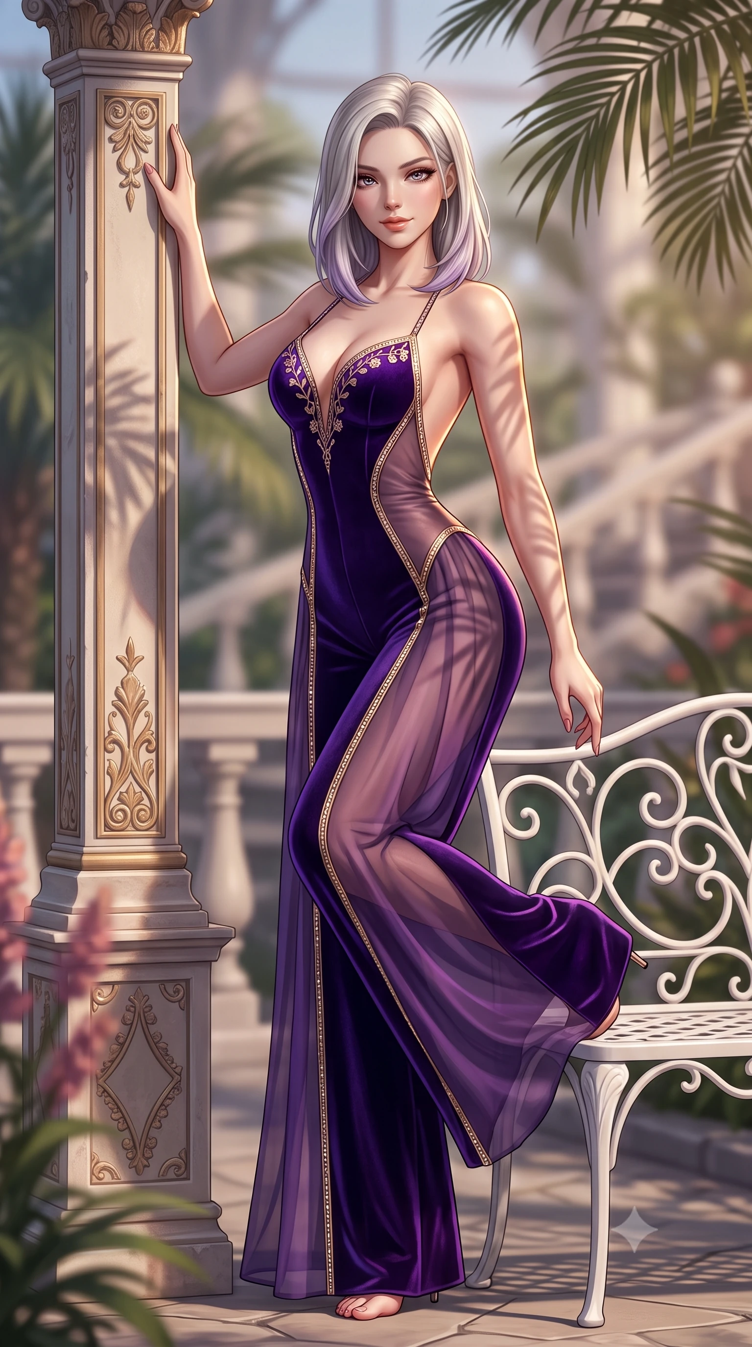 score_9, masterpiece, best quality, ultra-detailed, high-budget anime keyframe, semi-realistic 3D game render, editorial fashion photography, tasteful artistic composition, Caucasian woman. low angle full-body shot from head to toe showing her feet, filling the entire 9:16 vertical frame with her statuesque presence, stretching her vertical silhouette. standing tall beside the architectural column, one hand resting high while arching her lower back to emphasize her sculpted feminine hips and slender waist while lounging gracefully on a white wrought-iron garden bench with legs extended, displaying her long slender limbs with effortless poise. The background shows a soft-focus aerial catwalk railings softened in romantic botanical garden shallow focus. She has an absolutely perfect, statuesque 8.5-heads proportion, an exceptionally tall and slender model-like female figure with impossibly long slender legs, an ultra-slim waist, a flat toned midriff, narrow delicate ribcage, and beautifully sculpted feminine hips creating a graceful, slim hourglass silhouette without any bulky heaviness. sharp v-shaped jawline, high-bridge nose, sparkling eyes with hypnotic seductive depth, thick curled eyelashes, glossy parted lips with a natural dewy peach sheen, alluring bedroom-eyes with an enchanting coquettish smile, exuding magnetic siren charisma and sophisticated glamour, flawlessly proportioned anatomical accuracy, strict slender model proportions, natural body alignment, perfectly sculpted long slender limbs, ultra-slim waistline, clean dynamic posture without body distortion. wearing a backless plunge-front second-skin satin jumpsuit with fluid wide legs and laser-cut hip openings in high-roller royal purple velvet and gilded bronze with crystal trims, made of sheer gossamer chiffon that drapes softly against skin with airy translucence, finished with delicate floral vine embroidery tracing along her sweetheart neckline with intimate elegance, the liquid-tight tailored fabric clinging flawlessly to her narrow waist and rounded feminine hips, emphasizing every millimeter of her sculpted slim hourglass curves without any bulky heaviness. illuminated by palm frond dappled shadows and sharp warm-gold rim lights sculpting her razor-sharp jawline, narrow waist, and curvy hips. highly saturated vibrant anime colors, detailed shading with soft gradients, rich glossy textures, high-contrast stereoscopic depth, volumetric dynamic lighting, master piece, 9:16 ratio