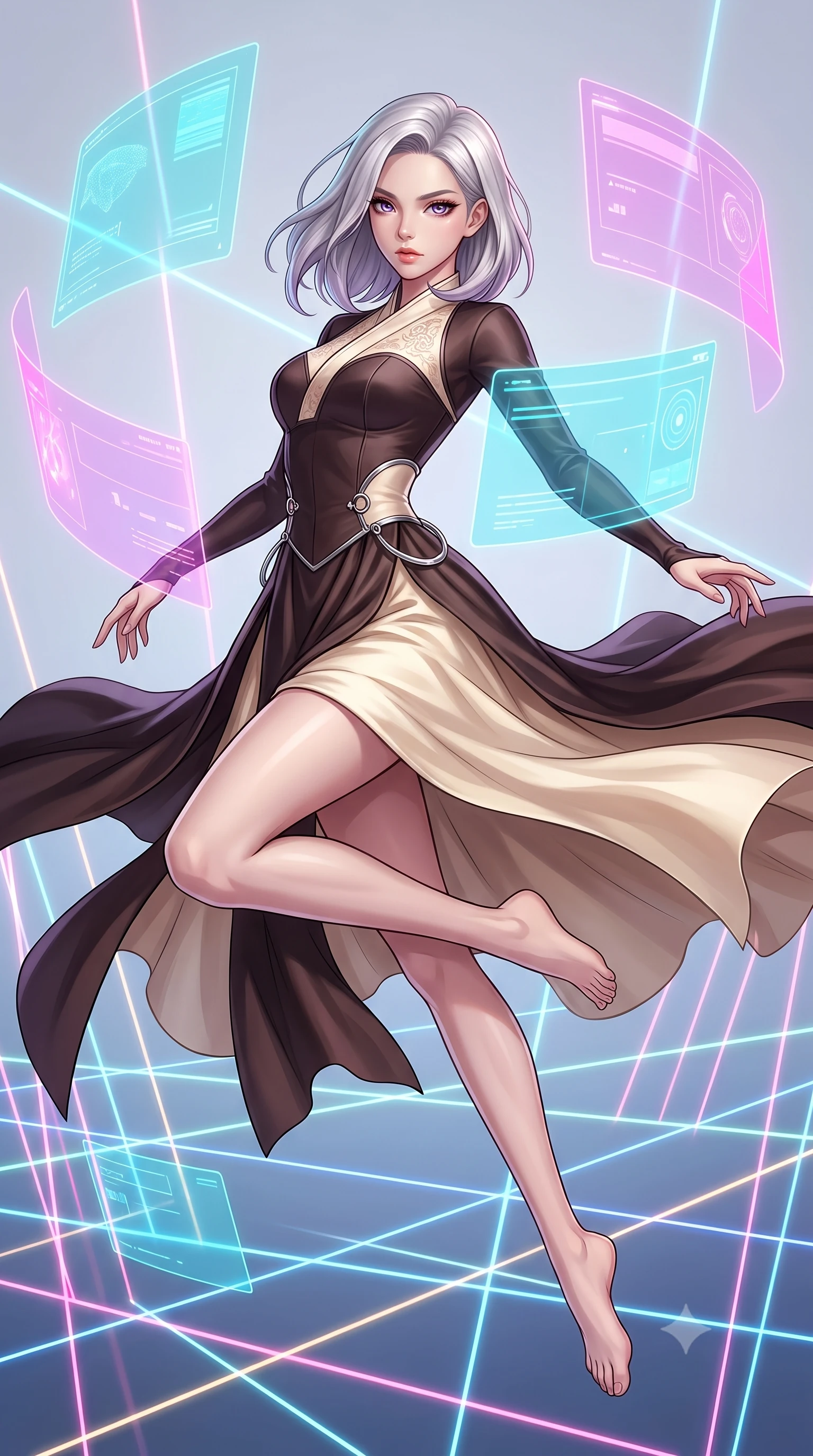 score_9, masterpiece, best quality, ultra-detailed, high-budget anime keyframe, editorial fashion photography, tasteful artistic composition, Caucasian woman. low angle full-body shot from head to toe showing her feet, filling the entire 9:16 vertical frame with her statuesque presence, stretching her vertical silhouette. performing an athletic mid-air rotation with flawless poise, her vertical silhouette beautifully stretched while leaping across a grid of shifting laser beams while turning to gaze at the camera, translucent cyan and magenta holographic panels hovering dynamically around her. She has an absolutely perfect, statuesque 8.5-heads proportion, an exceptionally tall and slender model-like female figure with impossibly long slender legs and an ultra-slim waist. sharp v-shaped jawline, high-bridge nose, intricate jewel-like eyes with depth, thick eyelashes, glossy lips with a natural sheen, flawlessly proportioned anatomical accuracy, natural body alignment, perfectly sculpted elegant limbs, clean dynamic posture without body distortion. wearing a modern fusion silk hanbok dress with a structured bodice and flowing skirt in espresso brown and warm cream, crafted from smooth liquid silk, accented with delicate chrome ring hardware framing her waist, the glove-like fit emphasizing her statuesque silhouette during motion. surrounded by a crisp high-tech illumination with high specular contrast. highly saturated vibrant anime colors, detailed shading with soft gradients, rich glossy textures, high-contrast stereoscopic depth, volumetric dynamic lighting, master piece, 9:16 ratio