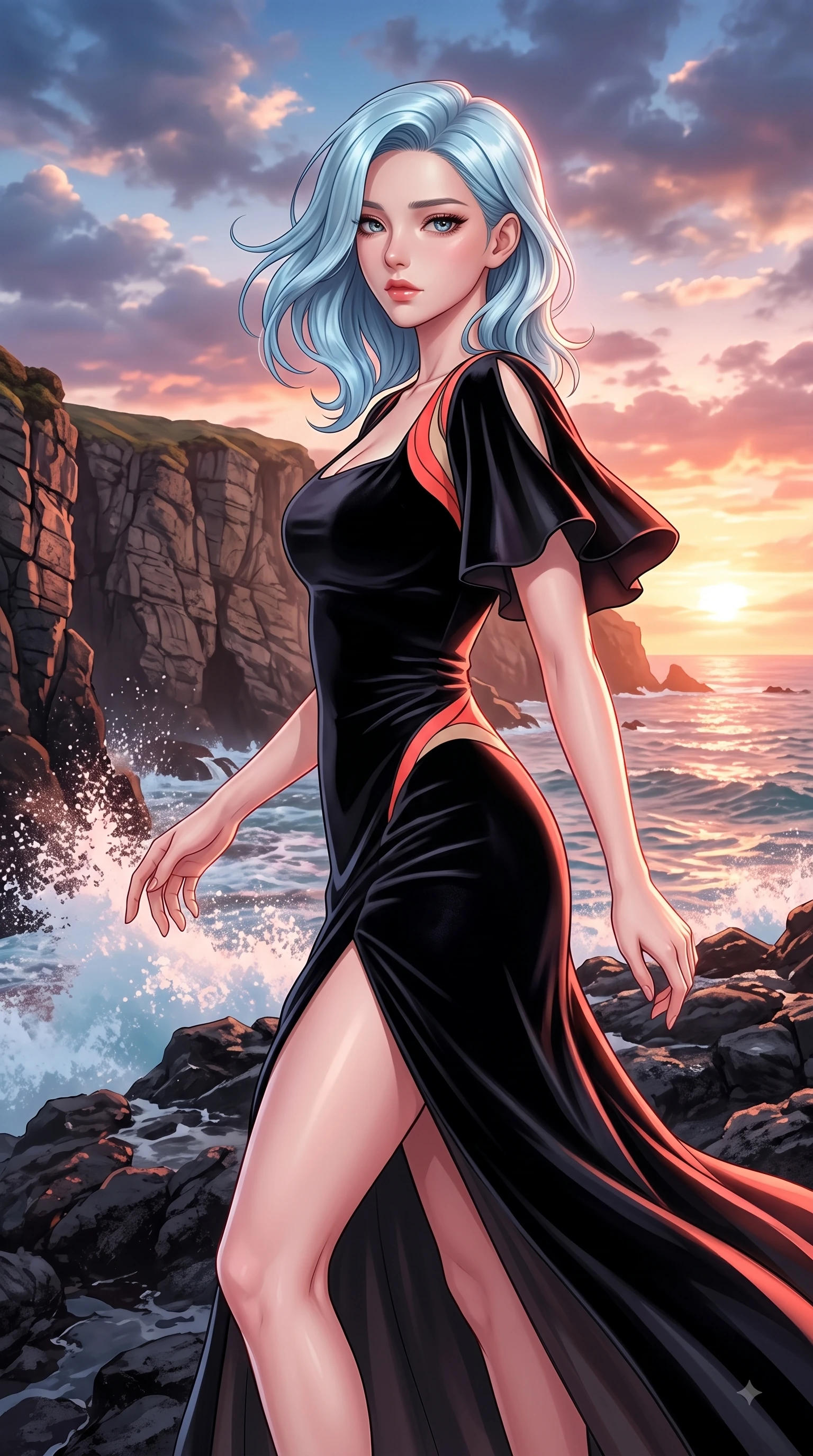 score_9, masterpiece, best quality, ultra-detailed, high-budget anime keyframe, editorial fashion photography, tasteful artistic composition, Korean woman. close-up cowboy shot from the waist and thighs up, the character dominates the composition, filling the frame with her large presence. Subtle lingering regret in her eyes, looking back over her shoulder with an emotional, reluctant glance while pivoting in mid-motion on dark volcanic rocks with a windswept, magnetic stance. The surrounding environment is rendered in vivid detail and crisp panoramic clarity. dramatic sea cliff textures, splashing wave foam, and vibrant sunset sky clouds in panoramic clarity. She has an exceptionally elegant, slender, and willowy female figure with an ultra-slim waist, a gracefully sculpted slender torso, and a refined silhouette. sharp v-shaped jawline, high-bridge nose, intricate jewel-like eyes with depth, thick eyelashes, glossy lips with a natural sheen, flawlessly proportioned anatomical accuracy, natural body alignment, perfectly sculpted elegant limbs, clean dynamic posture without body distortion. wearing a dramatic black velvet evening gown with a high leg slit and subtle shoulder cutouts in vibrant coral red and soft beige, made of premium stretch velvet with a rich glossy sheen, featuring elegant flutter sleeves and a graceful square neckline, the fluid drape swaying gracefully with her dynamic editorial movement. illuminated by a dramatic rose-gold sky glow with vivid rim highlights. highly saturated vibrant anime colors, detailed shading with soft gradients, rich glossy textures, high-contrast stereoscopic depth, volumetric dynamic lighting, master piece, 9:16 ratio