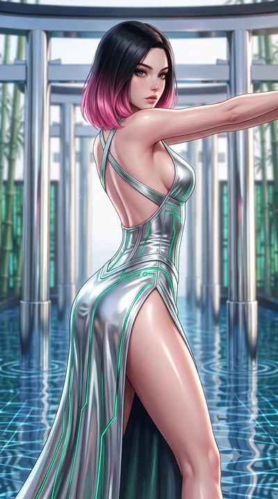 score_9, masterpiece, best quality, ultra-detailed, high-budget anime keyframe, semi-realistic 3D game render, editorial fashion photography, tasteful artistic composition, Korean woman. close-up cowboy shot from the waist and thighs up, the characte