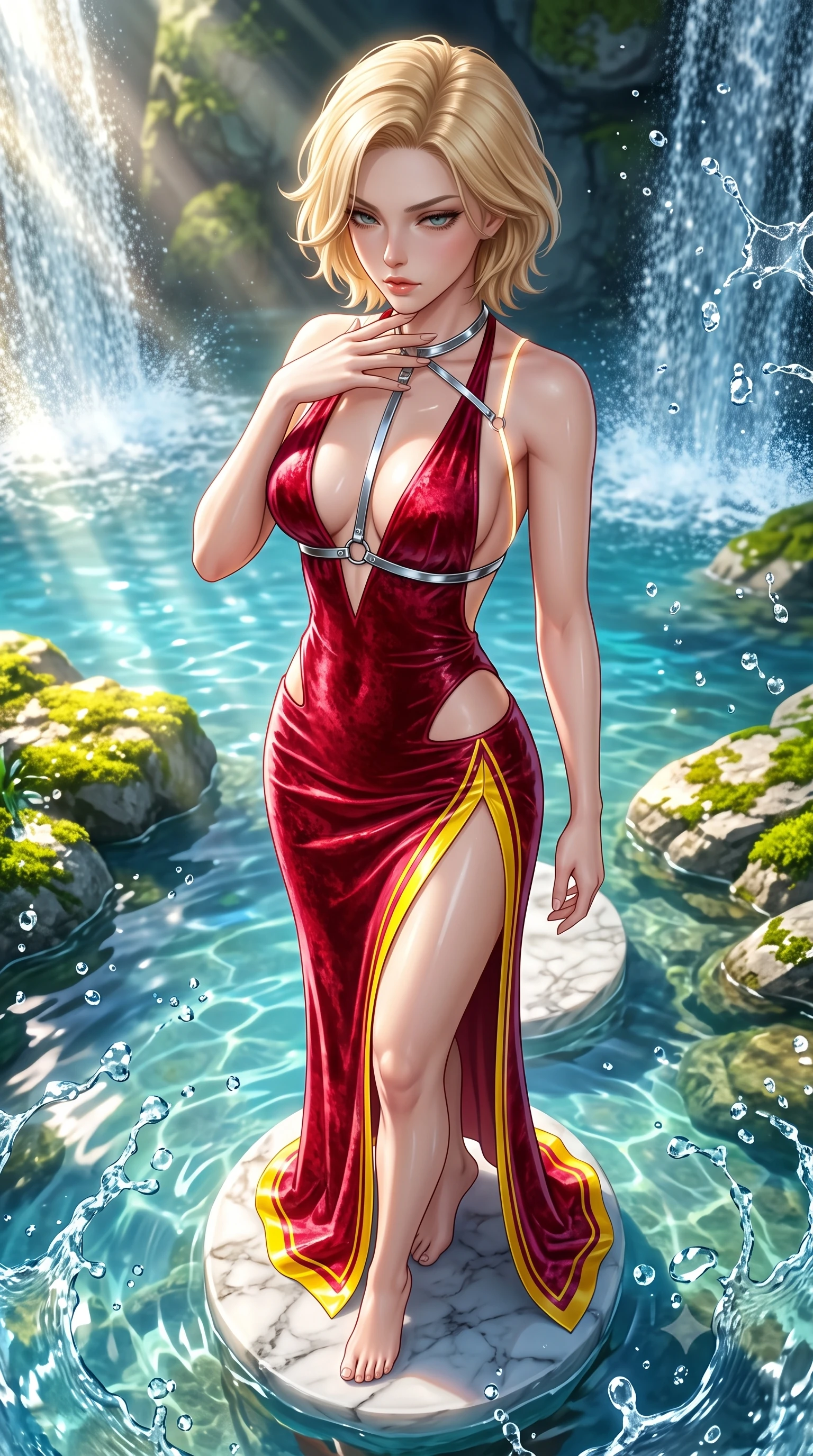 score_9, masterpiece, best quality, ultra-detailed, high-budget anime keyframe, semi-realistic 3D game render, editorial fashion photography, tasteful artistic composition, Caucasian woman. close-up cowboy shot from the waist and thighs up, the character dominates the composition, filling the frame with her large presence. resting her fingers lightly against her throat while looking down with a smoldering, haughty yet intensely captivating glance while pivoting dynamically on a submerged marble stepping stone as sunbeams penetrate the crystal pool. The surrounding environment is rendered in vivid detail and crisp panoramic clarity. sharp water droplet splashes, cascading waterfall spray textures, and sunlit moss in high resolution. She has an exceptionally elegant, slender, and willowy female figure with an ultra-slim waist, a gracefully sculpted slender torso, toned flat midriff, and a refined slim silhouette. sharp v-shaped jawline, high-bridge nose, intricate jewel-like eyes with depth, thick eyelashes, glossy lips with a natural sheen, flawlessly proportioned anatomical accuracy, strict slender model proportions, natural body alignment, perfectly sculpted long slender limbs, ultra-slim waistline, clean dynamic posture without body distortion. wearing a backless crimson crushed velvet gown with a deep plunging V-neckline, strategic hip cutouts, and an ultra-high thigh slit in vibrant sunburst canary yellow and gold trim, crafted from ultra-reflective second-skin latex with a high-gloss glass-like polish, reinforced by a sleek metallic chrome harness and delicate glowing micro-straps, the form-contouring material adhering flawlessly to her sculpted flat midriff and slender torso, emphasizing her long leg lines and perfectly proportioned willowy build. surrounded by a pristine, refreshing, and intensely seductive natural sanctuary atmosphere. highly saturated vibrant anime colors, detailed shading with soft gradients, rich glossy textures, high-contrast stereoscopic depth, volumetric dynamic lighting, master piece, 9:16 ratio