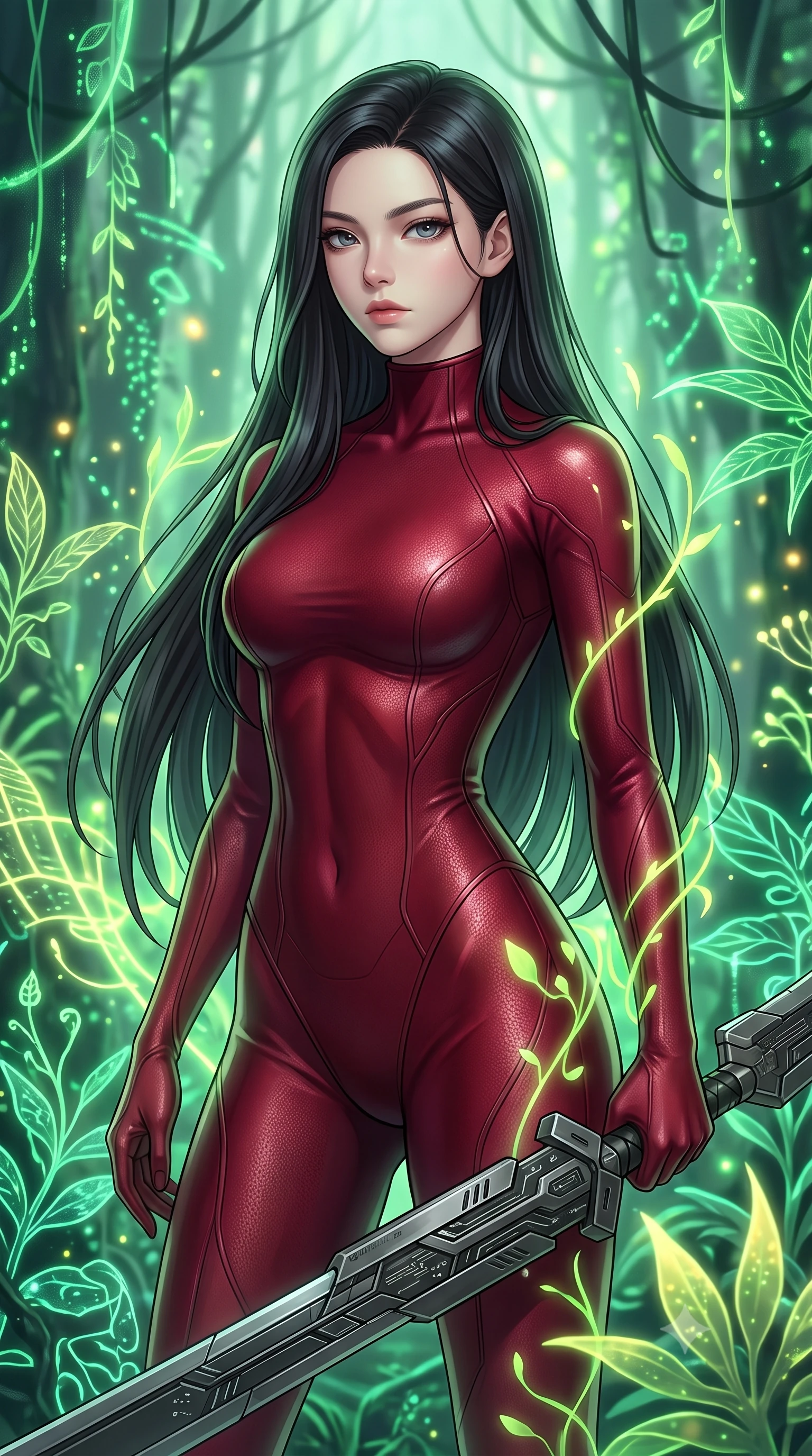 score_9, masterpiece, best quality, ultra-detailed, high-budget anime keyframe, editorial fashion photography, tasteful artistic composition, Korean woman. close-up cowboy shot from the waist and thighs up, the character dominates the composition, filling the frame with her large presence, background elements kept in soft focus. holding a deactivated nanotech glaive, looking past the camera with quiet, sharp focus and a composed expression, the background shows a soft-focus a holographic forest simulation with glowing neon green plants and vines. She has an exceptionally elegant, slender, and willowy female figure with an ultra-slim waist, a gracefully sculpted slender torso, and a refined silhouette. sharp v-shaped jawline, high-bridge nose, intricate jewel-like eyes with depth, thick eyelashes, glossy lips with a natural sheen. wearing a form-contouring form-contouring high-neck bodycon suit in deep crimson, contouring her athletic build like a second skin. soft green and yellow digital plant light wrapping her form in an organic glow. highly saturated vibrant anime colors, detailed shading with soft gradients, rich glossy textures, high-contrast stereoscopic depth, volumetric dynamic lighting, master piece, 9:16 ratio