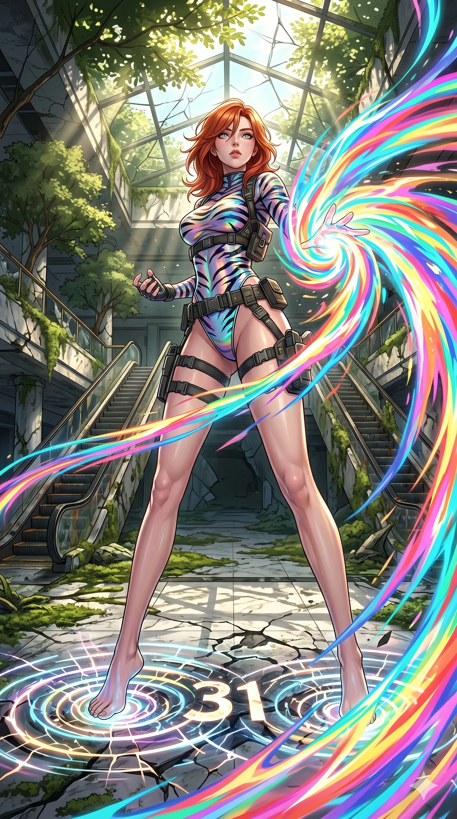 score_9, masterpiece, best quality, ultra-detailed, Set A: High-budget Anime Keyframe, Korean woman. Low angle cowboy shot filling the entire 9:16 frame with her statuesque presence. Theme: Historical Remix. unleashing a massive energy wave in a ruined overgrown shopping mall, as she steps on ripples of time that distort the space 31. The atmosphere is filled with cinematic sunlight through leaves. She has an absolutely perfect 8-heads proportion, an exceptionally tall and slender female figure with impossibly long slender legs and an ultra-slim waist. Sharp v-shaped jawline, high-bridge nose, intricate jewel-like eyes with depth, glossy lips. Wearing Holographic tiger-stripe bodysuit with a high-cut leg line and tactical belts. Cinematic lighting, vivid colors, dramatic shadows, 2k, ultra detail, master piece, 9:16 ratio