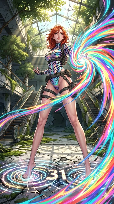 score_9, masterpiece, best quality, ultra-detailed, Set A: High-budget Anime Keyframe, Korean woman. Low angle cowboy shot filling the entire 9:16 frame with her statuesque presence. Theme: Historical Remix. unleashing a massive energy wave in a ruin