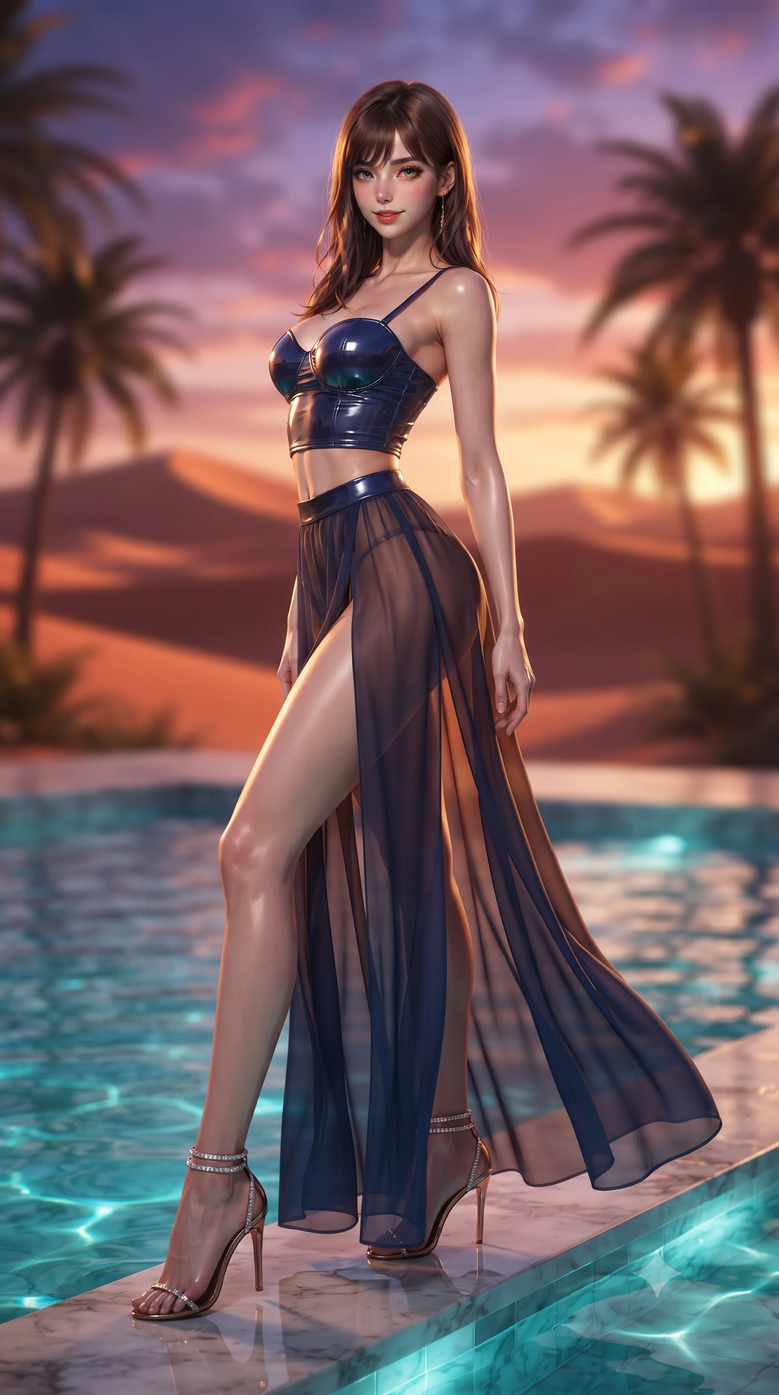 score_9, masterpiece, best quality, ultra-detailed, high-budget anime keyframe, editorial fashion photography, tasteful artistic composition, Korean woman. low angle full-body shot from head to toe showing her feet, filling the entire 9:16 vertical frame with her statuesque presence, stretching her vertical silhouette. reclining gracefully across the plush chaise lounge with one leg extended, her sculpted silhouette and flat midriff radiating magnetic nocturnal glamour while standing poised on the submerged marble ledge of the oasis pool, arching her back with hypnotic desert siren grace as crimson dunes glow at sunset. The background shows a soft-focus soaring crimson and apricot sand dunes sculpted by wind, silhouettes of tall date palms, and fiery violet sunset sky blurred into copper, coral, and amethyst bokeh. She has an absolutely perfect, statuesque 8.5-heads proportion, an exceptionally tall and slender model-like female figure with impossibly long slender legs, an ultra-slim waist, a flat toned midriff, narrow delicate ribcage, and beautifully sculpted feminine hips creating a graceful, slim hourglass silhouette without any bulky heaviness. sharp v-shaped jawline, high-bridge nose, sparkling eyes with hypnotic seductive depth, thick curled eyelashes, glossy parted lips with a natural dewy peach sheen, alluring bedroom-eyes with an enchanting coquettish smile, exuding magnetic siren charisma and sophisticated glamour, flawlessly proportioned anatomical accuracy, strict slender model proportions, natural body alignment, perfectly sculpted long slender limbs, ultra-slim waistline, clean dynamic posture without body distortion. wearing a wet-look form-fitting vinyl bustier paired with sheer chiffon high-slit wide-leg trousers in molten liquid bronze and deep sapphire navy, made of sheer gossamer chiffon that drapes softly against skin with airy translucence, complemented by strappy stiletto sandals with crystal ankle wraps accentuating her slender calves, the second-skin tailored fabric adhering flawlessly to her sculpted flat midriff and slender torso, emphasizing her long leg lines and perfectly proportioned willowy build. illuminated by turquoise pool water caustics and sharp molten-gold rim lights sculpting her razor-sharp jawline, flat midriff, and curvy hips. ultra-reflective glossy finish, specular highlights, rich textural contrasts, high-contrast stereoscopic depth, volumetric dynamic lighting, 2k, ultra detail, master piece, 9:16 ratio