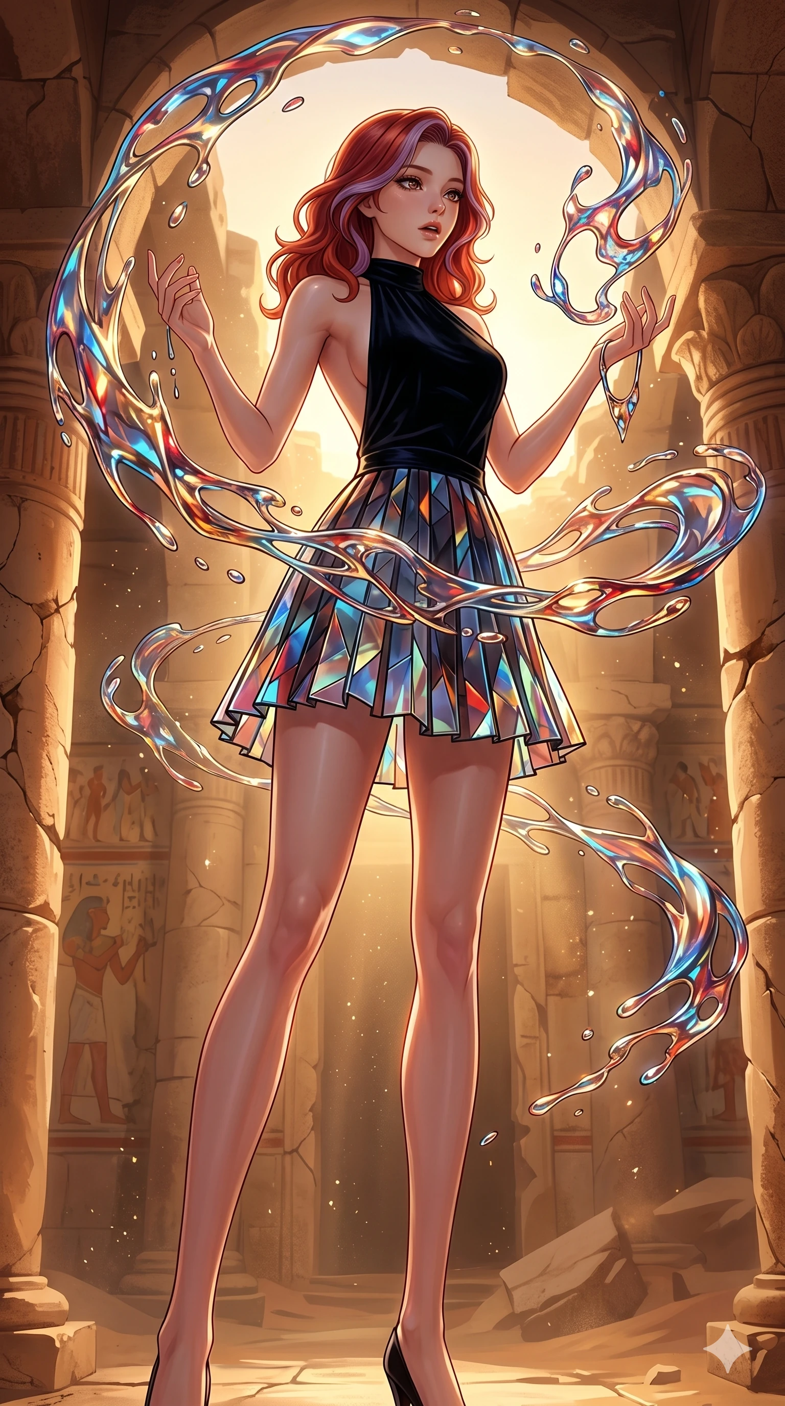 score_9, masterpiece, best quality, ultra-detailed, high-budget anime keyframe, Korean woman. low angle full-body shot filling the entire 9:16 frame with her statuesque presence, stretching the vertical silhouette. interacting with liquid stained-glass that melts and swirls in mid-air inside a crumbling desert ruin, the fluid jewelry floating in suspension. She has an absolutely perfect 8-heads proportion, an exceptionally tall and slender female figure with impossibly long slender legs and an ultra-slim waist. V-shaped jawline, high-bridge nose, intricate jewel-like eyes with depth, thick eyelashes, glossy lips with a natural sheen.. wearing a fractal glass pleated skirt and a backless black velvet halter neck top, creating a dramatic and elegant silhouette. illuminated by dramatic chiaroscuro casting soft shadows along her curves, with vibrant backlighting highlighting the dust particles. 2k, ultra detail, master piece, 9:16 ratio