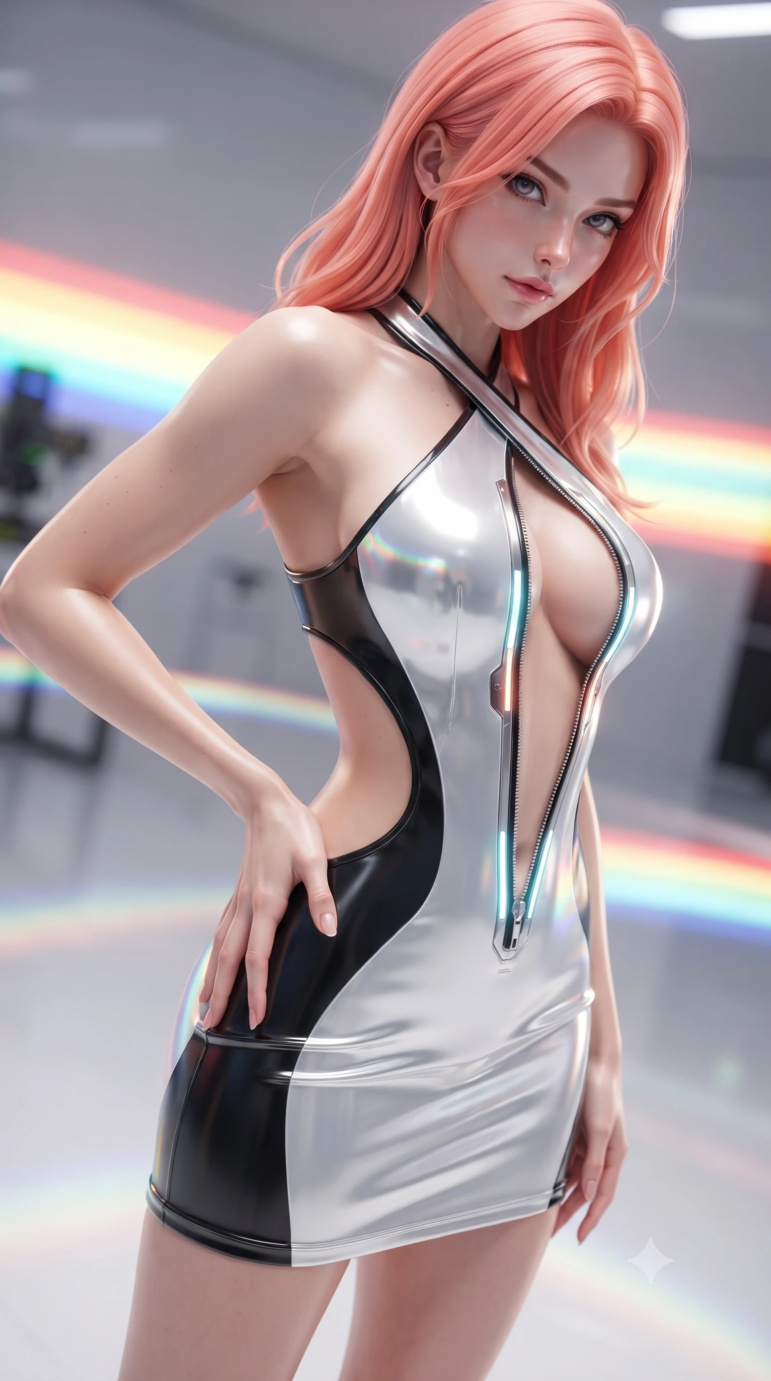 score_9, masterpiece, best quality, ultra-detailed, high-budget anime keyframe, editorial fashion photography, tasteful artistic composition, Japanese woman. close-up cowboy shot from the waist and thighs up, the character dominates the composition, filling the frame with her large presence. twisting her upper body in a dynamic S-curve with an alluring smolder, one hand trailing along her slender waist while pivoting dynamically on a white epoxy floor as vibrant spectrum light bands wrap around her slender figure. The composition keeps background elements in soft focus with creamy bokeh. bright multi-colored light refractions creating a glowing, spectrum-lit backdrop. She has an exceptionally elegant, slender, and willowy female figure with an ultra-slim waist, a gracefully sculpted slender torso, toned flat midriff, and a refined slim silhouette. sharp v-shaped jawline, high-bridge nose, intricate jewel-like eyes with depth, thick eyelashes, glossy lips with a natural sheen, flawlessly proportioned anatomical accuracy, strict slender model proportions, natural body alignment, perfectly sculpted long slender limbs, ultra-slim waistline, clean dynamic posture without body distortion. wearing a molten silver liquid-metal mini dress featuring deep side-waist cutouts and a daring crossover halter neckline in high-gloss monochrome white and sharp black contrast, crafted from ultra-reflective second-skin latex with a high-gloss glass-like polish, featuring a dangerously unzipped neckline framed by glowing cybernetic accents, the form-contouring material adhering flawlessly to her sculpted flat midriff and slender torso, emphasizing her long leg lines and perfectly proportioned willowy build. illuminated by high-contrast specular reflections on crystal and polished surfaces. ultra-reflective glossy finish, specular highlights, metallic sheen, high-contrast stereoscopic depth, volumetric dynamic lighting, 2k, ultra detail, master piece, 9:16 ratio