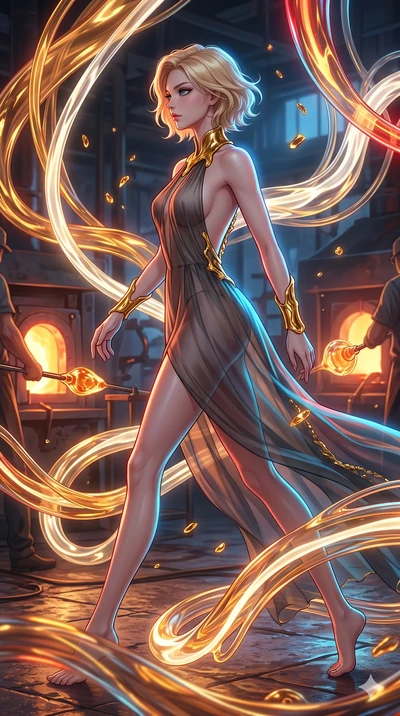 score_9, masterpiece, best quality, ultra-detailed, high-budget anime keyframe, Japanese woman. upper body close-up from the thighs up, character filling the screen for maximum presence. bounding through a molten glass art studio where twisting, glow
