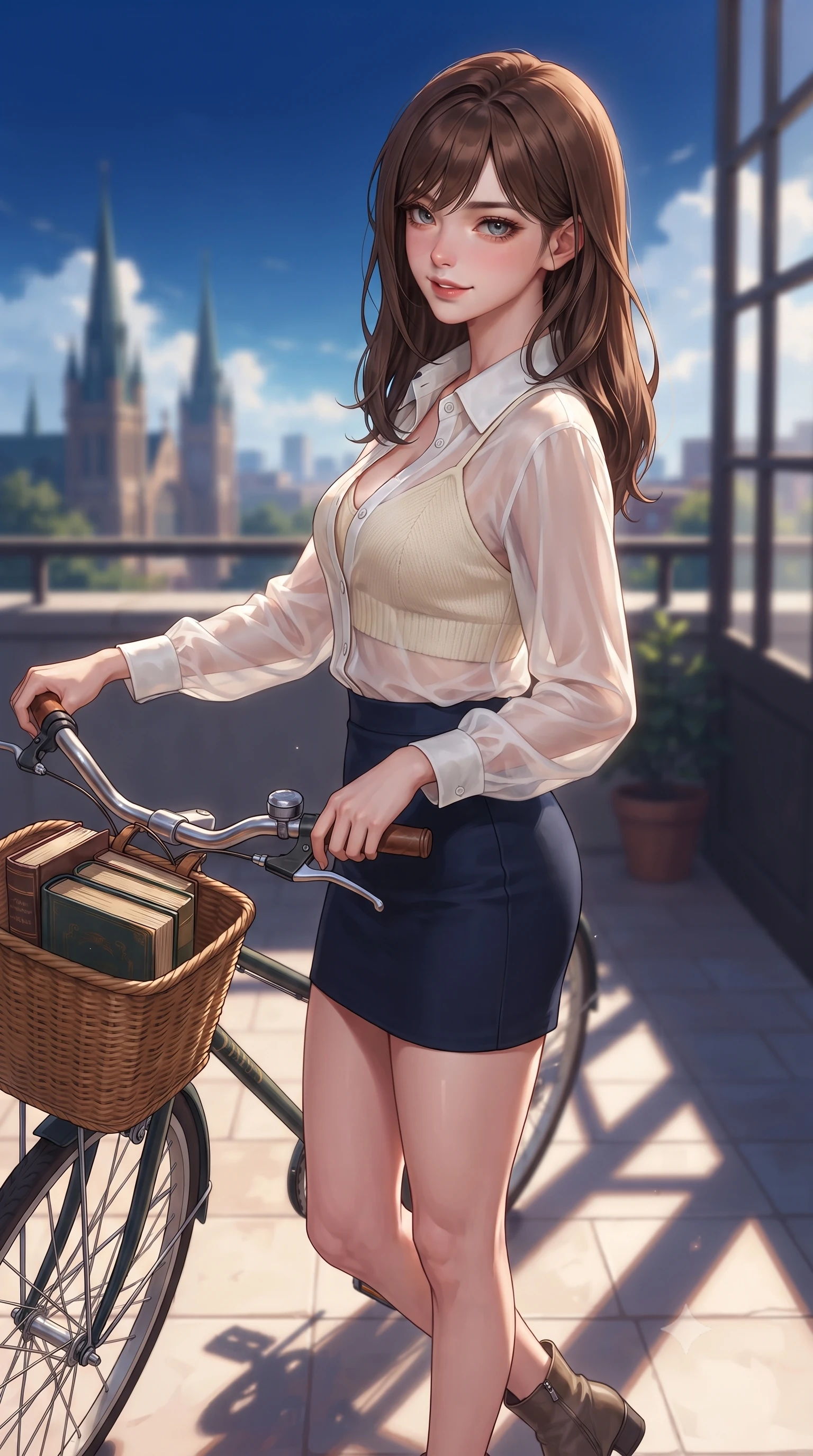 score_9, masterpiece, best quality, ultra-detailed, high-budget anime keyframe, editorial fashion photography, tasteful artistic composition, Korean woman. close-up cowboy shot from the waist and thighs up, the character dominates the composition, filling the frame with her large presence, background elements kept in soft focus. glancing sidelong over her shoulder with an alluring, lingering gaze and a subtle grin set against a soft-focus background of on a scenic campus rooftop terrace overlooking the university spires and a blue sky resting her hand on a bicycle handle with a basket full of books. She has an exceptionally elegant, slender, and willowy female figure with an ultra-slim waist, a gracefully sculpted slender torso, and a refined silhouette. sharp v-shaped jawline, high-bridge nose, intricate jewel-like eyes with depth, thick eyelashes, glossy lips with a natural sheen. wearing slim-fit sheer chiffon button-up shirt in white, worn over a slim-fit knit bralette and a mini skirt. bright afternoon sunlight casting crisp shadows of window frames on the floor. highly saturated vibrant anime colors, detailed shading with soft gradients, rich glossy textures, high-contrast stereoscopic depth, volumetric dynamic lighting, master piece, 9:16 ratio
