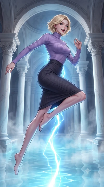 score_9, masterpiece, best quality, ultra-detailed, high-budget anime keyframe, editorial fashion photography, tasteful artistic composition, Caucasian woman, strictly human ears. low angle full-body shot from head to toe showing her feet, filling th