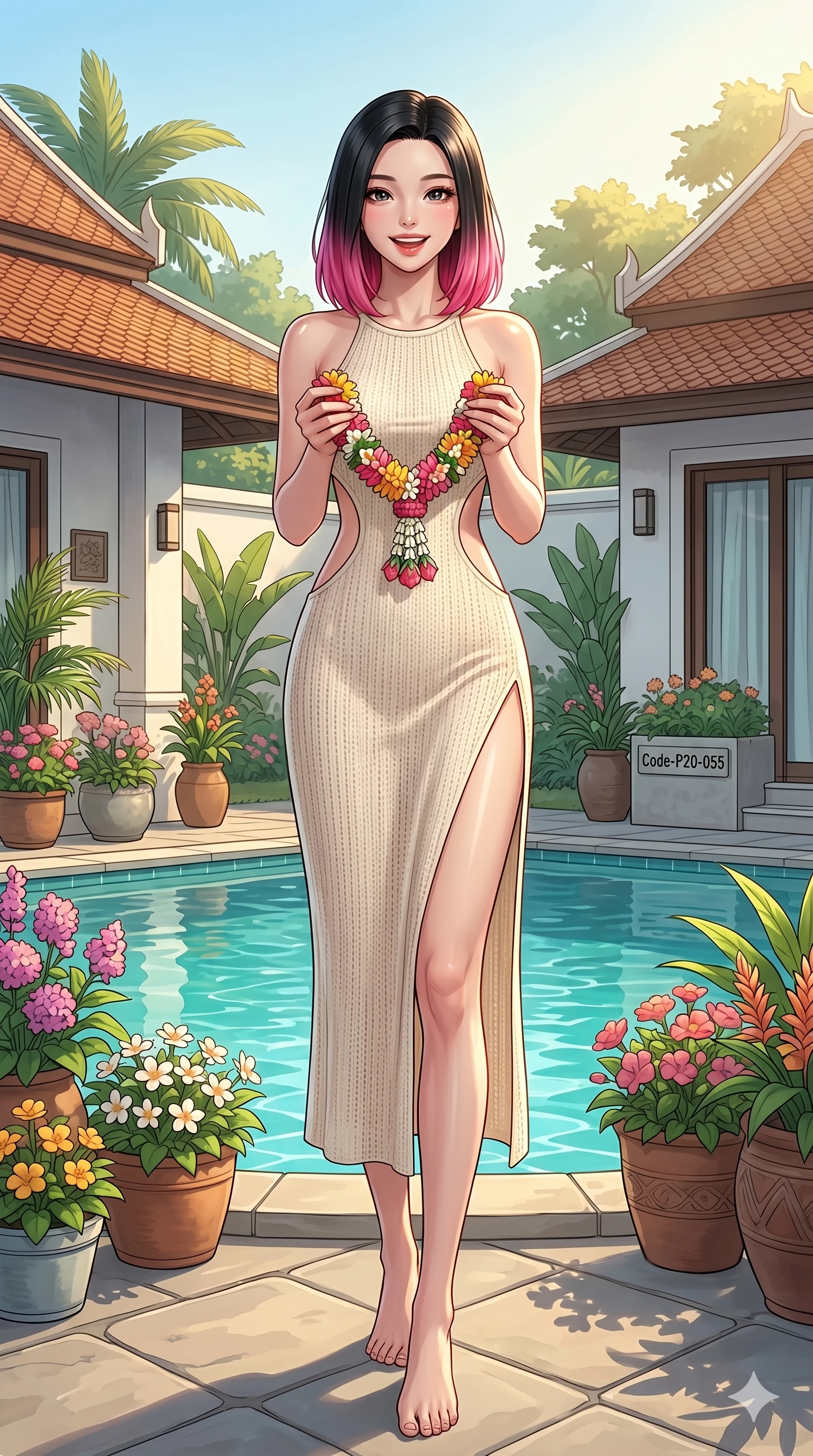 score_9, masterpiece, best quality, ultra-detailed, high-budget anime keyframe, vibrant anime aesthetic, Korean woman. low angle full-body shot from head to toe showing her feet, filling the entire 9:16 vertical frame with her statuesque presence, stretching her vertical silhouette. She is holding a flower garland with a joyful smile, looking directly at the lens by a quiet resort courtyard pool surrounded by flower pots (Code-P20-055). She has an absolutely perfect 8-heads proportion, an exceptionally tall and slender female figure with impossibly long slender legs and an ultra-slim waist. V-shaped jawline, high-bridge nose, intricate jewel-like eyes with depth, thick eyelashes, glossy lips with a natural sheen. wearing a bodycon dress featuring side cut-outs and a high-slit leg line. She is drenched in warm morning sunshine, tracing the elegant lines of her shoulders. 2k, ultra detail, master piece, 9:16 ratio