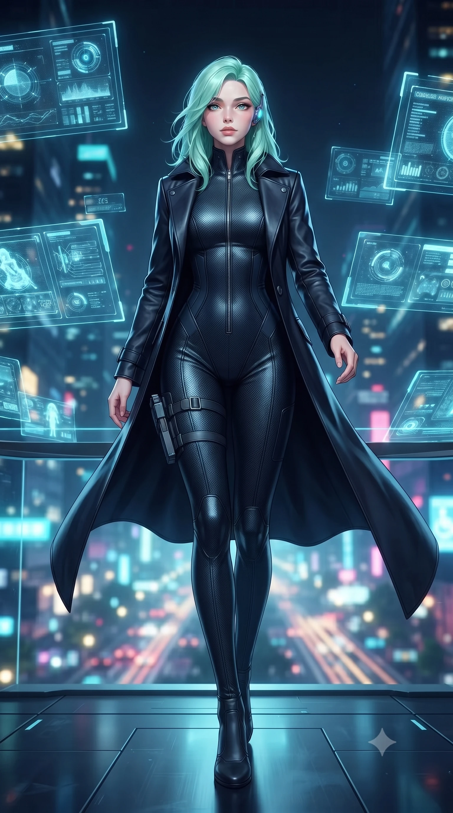 score_9, masterpiece, best quality, ultra-detailed, high-budget anime keyframe, editorial fashion photography, tasteful artistic composition, Japanese woman. low angle full-body shot from head to toe showing her feet, filling the entire 9:16 vertical frame with her statuesque presence, stretching her vertical silhouette. striding forward in a proud, dynamic supermodel runway stride, her statuesque vertical silhouette commanding the entire frame while pivoting gracefully across the floating intelligence bridge as multiple floating holographic terminal screens surround her. The composition keeps background elements in soft focus with creamy bokeh. dizzying vertical cityscape traffic light trails and neon skyscrapers far below blurred into sapphire, cyan, and gold bokeh. She has an absolutely perfect, statuesque 8.5-heads proportion, an exceptionally tall and slender model-like female figure with impossibly long slender legs, a toned flat midriff, and an ultra-slim waist. sharp v-shaped jawline, high-bridge nose, intricate jewel-like eyes with depth, thick eyelashes, glossy lips with a natural sheen, captivating and magnetic expression, flawlessly proportioned anatomical accuracy, strict slender model proportions, natural body alignment, perfectly sculpted long slender limbs, ultra-slim waistline, clean dynamic posture without body distortion. wearing a sleek second-skin dark carbon-weave infiltration catsuit paired with a tailored long leather trench coat in stealth obsidian black and midnight navy, crafted from flexible ballistic matte leather and ultra-sleek stretch neoprene, equipped with a minimalist titanium leg holster and smart holographic earpiece, the sleek tailored cut tightly hugging her graceful clavicle, narrow waist, and feminine curves with statuesque precision. bathed in ambient cyan and ice-blue holographic screen glow combined with midnight city skylight. ultra-reflective glossy finish, specular highlights, rich textural contrasts, high-contrast stereoscopic depth, volumetric dynamic lighting, 2k, ultra detail, master piece, 9:16 ratio