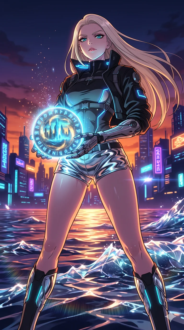 score_9, masterpiece, best quality, ultra-detailed, High-budget Anime Keyframe, vibrant colors, fluid line-art, expressive lighting, cinematic composition, Ufotable-style visual effects, top-tier animation quality, Caucasian woman with pale skin, blonde hair, and (strictly human ears). Wide-angle low shot emphasizing her impossibly long slender legs and commanding stature. Holding a glowing ancient orb that reveals a flickering vision of the future, its light illuminating her determined face. She has an absolutely perfect 8-heads proportion, an exceptionally tall and slender female figure with impossibly long slender legs and an ultra-slim waist, her statuesque height and towering silhouette dominating the vertical 9:16 frame. Her face is a masterpiece featuring a sharp v-shaped jawline, high-bridge nose, intricate jewel-like eyes with depth, thick eyelashes, and glossy lips with a natural sheen. She is wearing a Cyber-augmented streetwear featuring mechanical arm parts and a micro-shorts/harness combo crafted from Molten liquid mercury that flows and reflects the environment with metallic perfection, featuring strategic side cut-outs that emphasize her ultra-slim waist and hips. The scene is set in a vibrant sunset over a futuristic crystalline ocean with waves made of liquid light, illuminated by harsh neon light and deep shadows creating a high-contrast noir aesthetic. 2k, ultra detail, master piece, 9:16 ratio