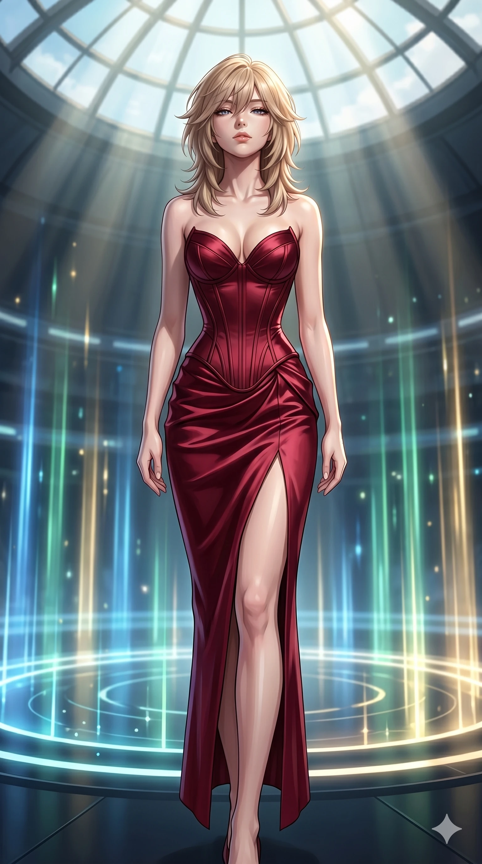 score_9, masterpiece, best quality, ultra-detailed, high-budget anime keyframe, editorial fashion photography, tasteful artistic composition, Japanese woman. cowboy shot from the thighs up, character and outfit filling the frame for maximum editorial presence. Arching her neck slightly with her eyes half-closed in composure at the center of a circular holographic arena where light pillars pulse rhythmically. She has an absolutely perfect 8-heads proportion, an exceptionally tall and slender female figure with impossibly long slender legs and an ultra-slim waist. V-shaped jawline, high-bridge nose, intricate jewel-like eyes with depth, thick eyelashes, glossy lips with a natural sheen. wearing a heavily boned sculptural corset gown in deep crimson duchess satin with dramatic hourglass-enhancing corsetry, a sweetheart neckline, and a column skirt descending to the ankle with a bold front slit. drenched in cinematic god-ray sunlight descending from a vaulted glass ceiling, illuminating her form. 2k, ultra detail, master piece, 9:16 ratio