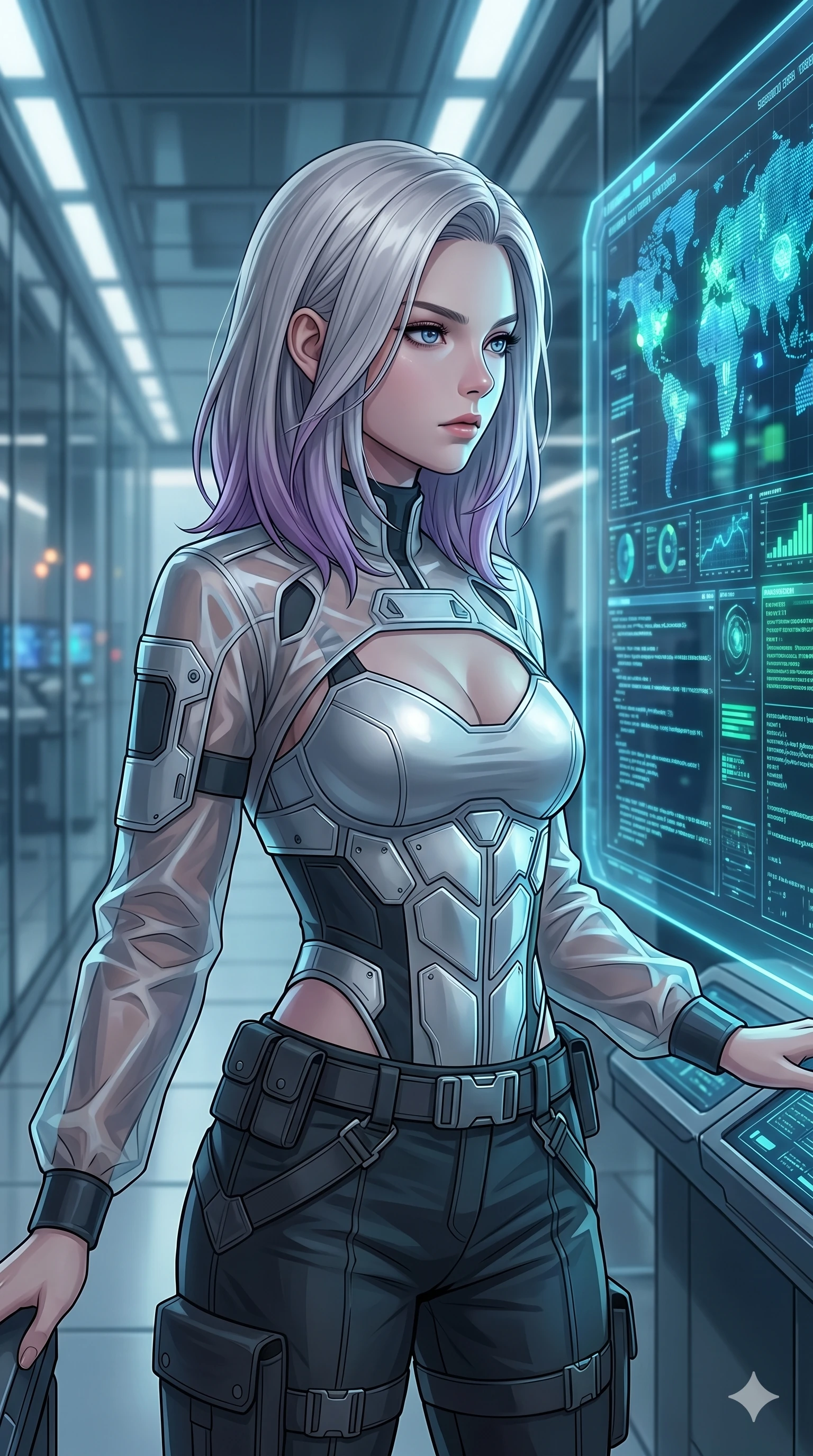 score_9, masterpiece, best quality, ultra-detailed, high-budget anime keyframe, editorial fashion photography, tasteful artistic composition, Caucasian woman, strictly human ears. Upper body close-up from the thighs up, character filling the screen for maximum presence. Standing in a glass corridor next to a giant digital display, looking at the display showing global data with a serious, focused look. She is wearing a tech-wear uniform shirt over a silver bodice and dark trousers. The scene is lit by the blue and green lights of the global display screen. 2k, ultra detail, master piece, 9:16 ratio