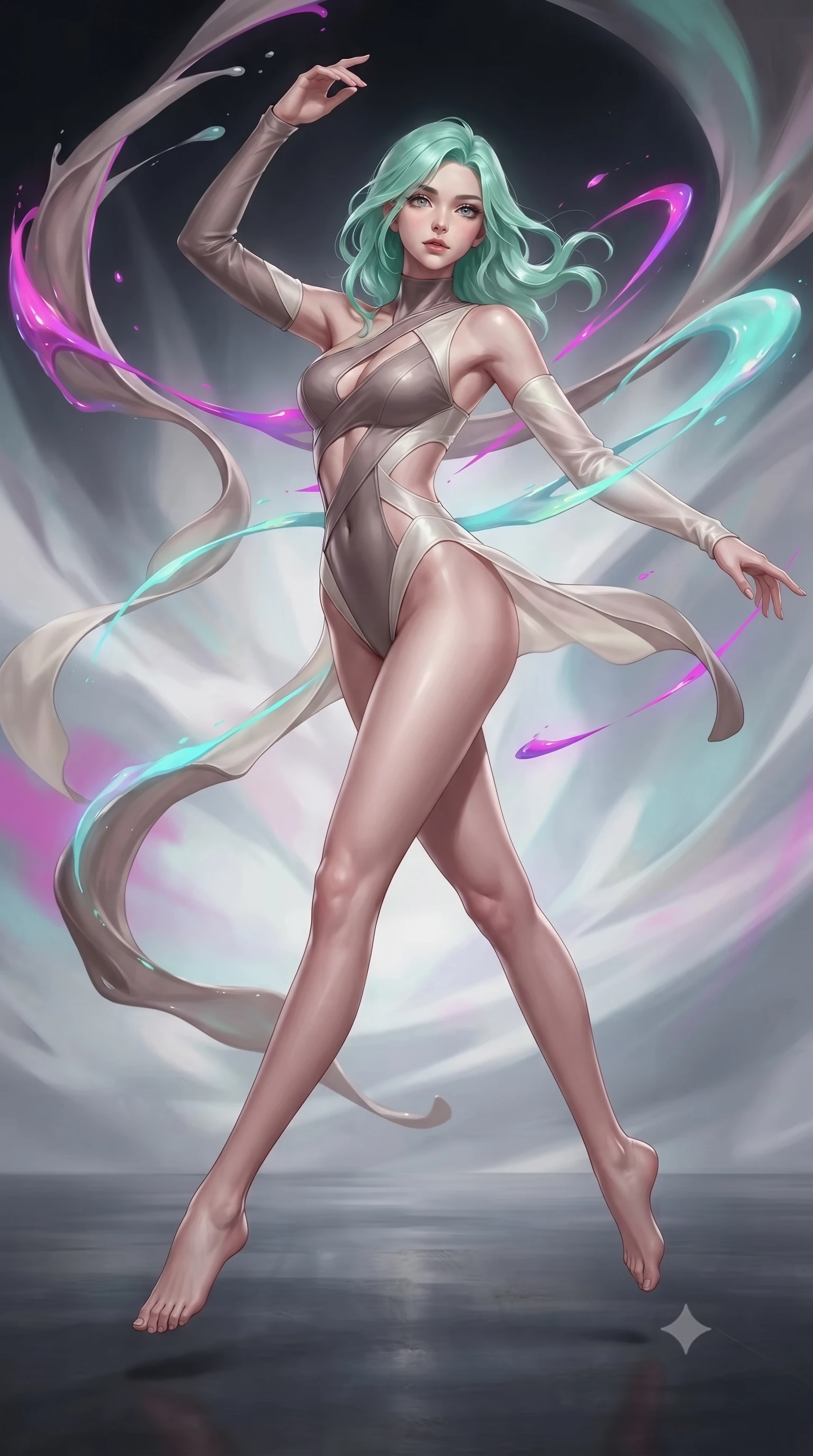 score_9, masterpiece, best quality, ultra-detailed, high-budget anime keyframe, editorial fashion photography, tasteful artistic composition, Japanese woman. low angle full-body shot from head to toe showing her feet, filling the entire 9:16 vertical frame with her statuesque presence, stretching her vertical silhouette. leaping gracefully through the environment with statuesque elegance and long slender legs guiding viscous opal paint ribbons hovering gracefully in mid-air, glowing neon brushstrokes floating poetically around her silhouette. She has an absolutely perfect, statuesque 8.5-heads proportion, an exceptionally tall and slender model-like female figure with impossibly long slender legs and an ultra-slim waist. sharp v-shaped jawline, high-bridge nose, intricate jewel-like eyes with depth, thick eyelashes, glossy lips with a natural sheen. wearing an asymmetrical high-cut tech-bodysuit with detached sleeves in muted taupe and soft ivory, woven from fine semi-opaque sheer organza, featuring subtle geometric cutouts that highlight her ultra-slim midriff, the elegant draped fit framing her graceful clavicle and slender torso. surrounded by a radiant glow of magenta and aqua fluid highlights. ultra-reflective glossy finish, specular highlights, metallic sheen, high-contrast stereoscopic depth, volumetric dynamic lighting, 2k, ultra detail, master piece, 9:16 ratio