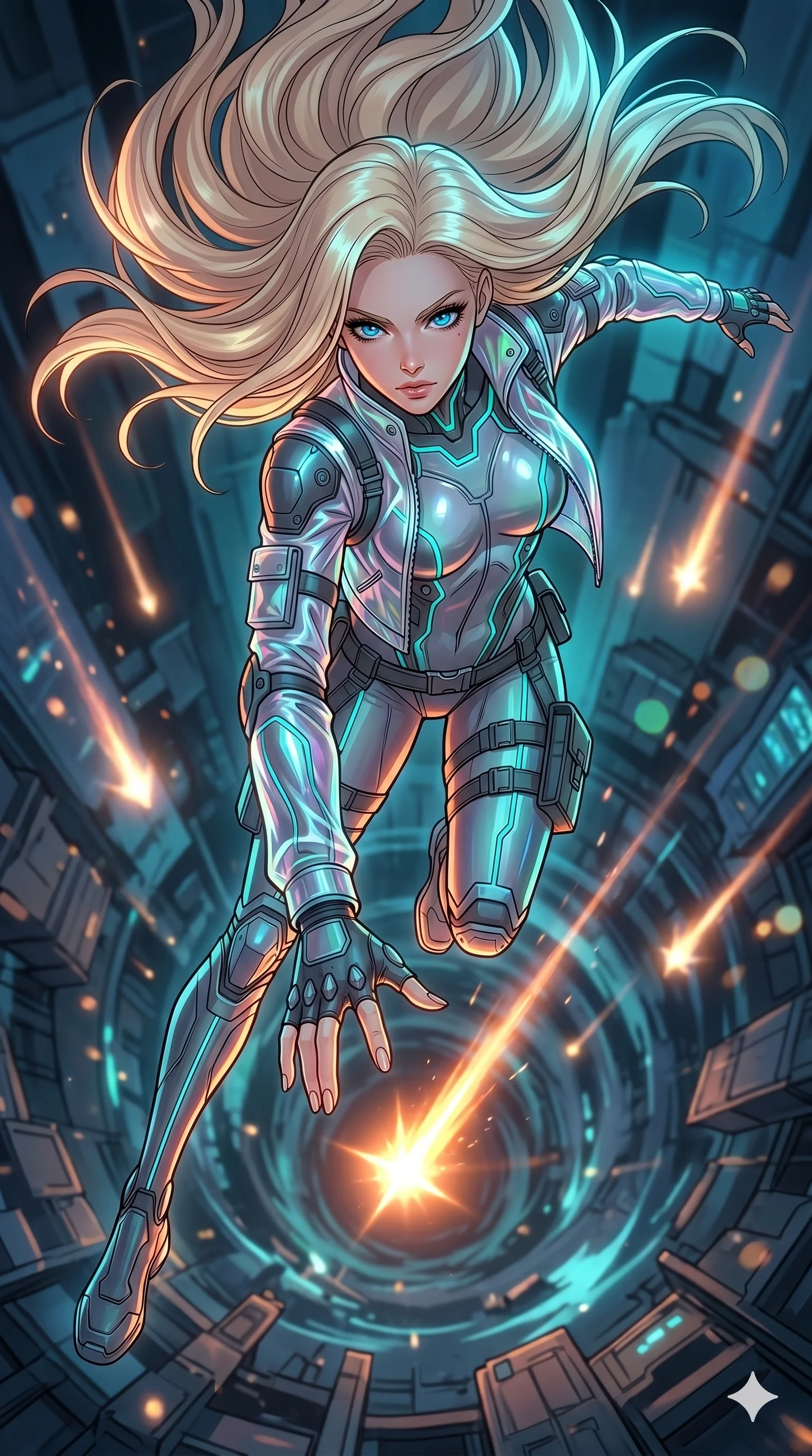 score_9, masterpiece, best quality, ultra-detailed, high-budget anime movie keyframe, cinematic anime lighting, intricate line art, Japanese woman. Extreme high angle shot as she leaps towards the camera, filling the frame. reaching for a falling star as it disappears into a bottomless pit. She has an absolutely perfect 8-heads proportion, an exceptionally tall and slender female figure with an ultra-slim waist and impossibly long slender legs. strictly human anatomy, two legs only, no extra limbs, clearly defined legs and arms, perfect anatomy, perfect hands and fingers. sharp v-shaped jawline, high-bridge nose, intricate jewel-like eyes, thick eyelashes, glossy lips. Wearing Tech-Fantasy: Cybernetic tech-suit with glowing seams, translucent PVC over leotard, and modular tactical gear. The scene is illuminated by dramatic atmospheric lighting and vibrant color palettes. , 2k, ultra detail, master piece, 9:16 ratio