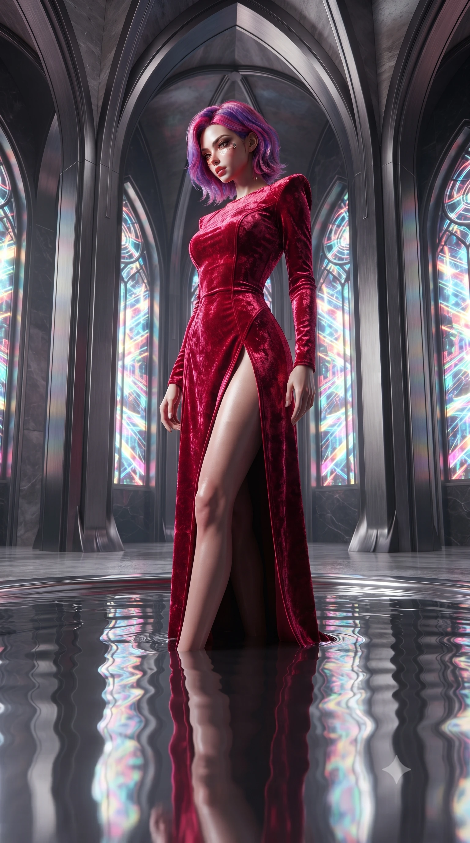 score_9, masterpiece, best quality, ultra-detailed, High-budget Anime Keyframe, editorial fashion photography, tasteful artistic composition, realistic cosplay photography, Caucasian woman, strictly human ears. Low angle cowboy shot filling the entire 9:16 frame with her statuesque presence. Scenario 425: gazing at her reflection in a pool of liquid silver in a futuristic cathedral with holographic stained-glass windows. Her presence is magnetic and overpowering in this high-budget cinematic scene. Outfit 425: a tailored crimson red crushed velvet bodysuit featuring a high-slit skirt and structured shoulders. The clothing is designed to emphasize her exceptionally tall and slender 8-heads proportion. 8-heads proportion, towering silhouette, ultra-slim waist. sharp v-shaped jawline, intricate jewel-like eyes with depth, thick eyelashes, glossy lips. ultra-reflective glossy finish, specular highlights, metallic sheen, high-contrast stereoscopic depth, volumetric dynamic lighting, 2k, ultra detail, master piece, 9:16 ratio