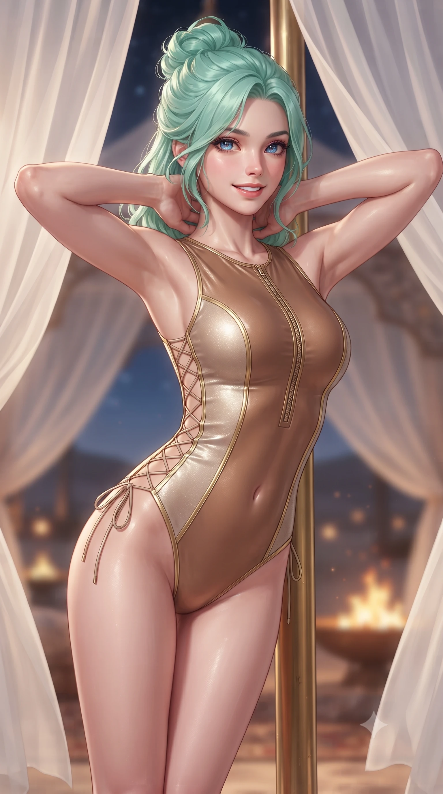 score_9, masterpiece, best quality, ultra-detailed, high-budget anime keyframe, editorial fashion photography, tasteful artistic composition, Japanese woman. close-up cowboy shot from the waist and thighs up, the character dominates the composition, filling the frame with her large presence. resting both hands lightly behind her neck with elbows raised, arching her spine to highlight her narrow waist, flat midriff, and breathtaking collarbones while leaning against the polished brass pavilion pole with hips cocked back, looking through billowing chiffon curtains with smoldering eyes. The background shows a soft-focus billowing sheer white tent canopies softened in exotic Arabian Nights romance shallow focus. She has an exceptionally elegant, slender, and willowy female figure with an ultra-slim waist, flat toned midriff, narrow ribcage, and sculpted feminine hips creating an alluring, slim hourglass silhouette without bulk. sharp v-shaped jawline, high-bridge nose, intricate jewel-like sparkling eyes with depth, thick eyelashes, glossy parted lips with a natural peach sheen, bright cheerful beaming smile with an enchanting and coquettish sensual glint, exuding both youthful cute charm and seductive allure, flawlessly proportioned anatomical accuracy, strict slender model proportions, natural body alignment, perfectly sculpted long slender limbs, ultra-slim waistline, clean dynamic posture without body distortion. wearing a form-contouring wet-look neoprene zip-front maillot with high-cut leg openings and gold racing side trims in warm toasted caramel and shimmering champagne, crafted from fluid liquid silk satin that clings smoothly to her narrow waist and rounded hips with a dewy sheen, featuring fine criss-cross lace-up side ties revealing tantalizing glimpses of her hip curve, the form-contouring silhouette accentuating her sculpted flat midriff, narrow delicate ribcage, and gracefully curvy hips with intoxicating allure. bathed in the dramatic warm 2200K glow of dancing fire pits contrasted with cool desert starlight. ultra-reflective glossy finish, specular highlights, rich textural contrasts, high-contrast stereoscopic depth, volumetric dynamic lighting, 2k, ultra detail, master piece, 9:16 ratio