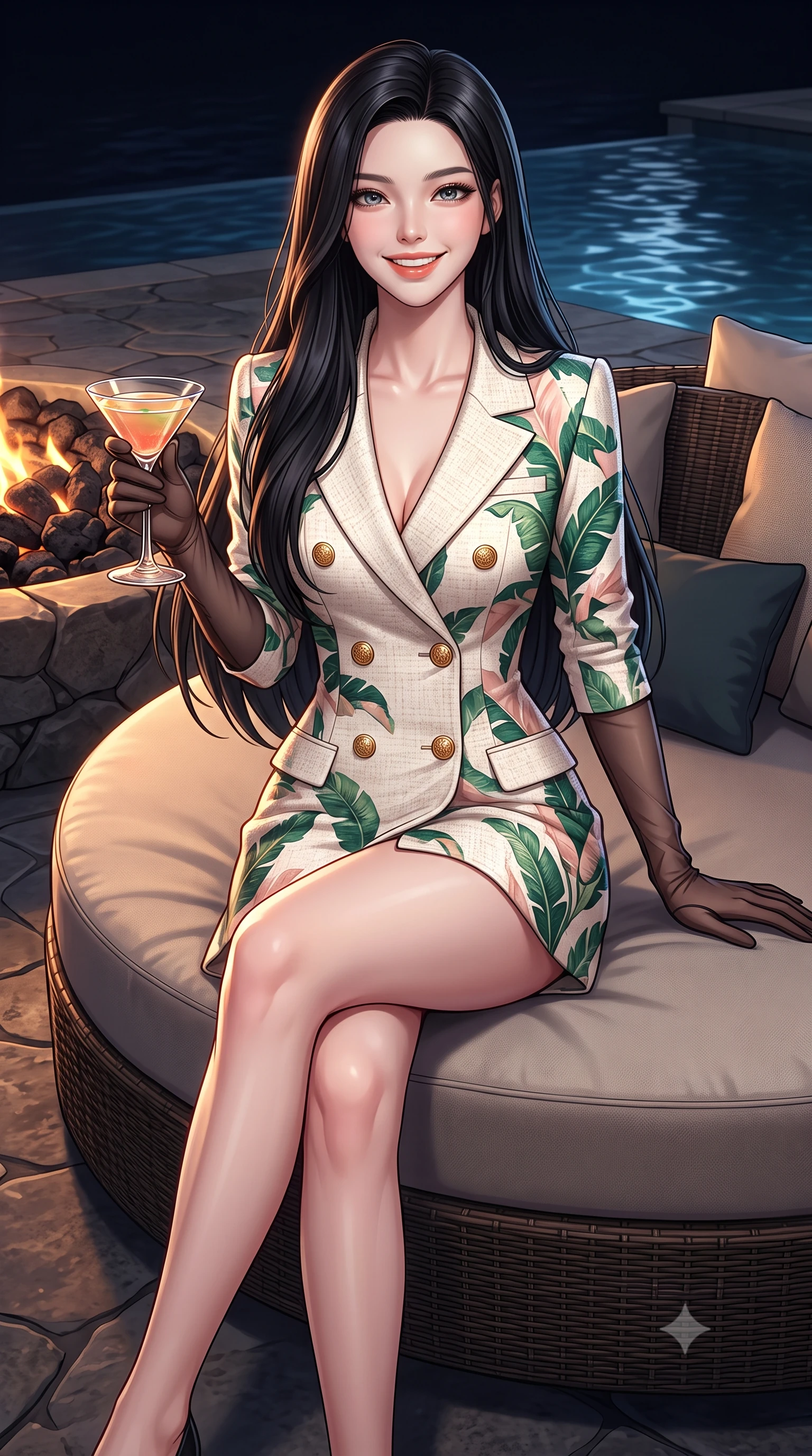 score_9, masterpiece, best quality, ultra-detailed, high-budget anime keyframe, semi-realistic 3D game render, editorial fashion photography, tasteful artistic composition, Korean woman. close-up cowboy shot from the waist and thighs up, the character dominates the composition, filling the frame with her large presence. perched sideways on the lounge seat, one knee drawn up to showcase her slender leg line while her arched back accentuates her feminine hip curve while sitting gracefully on the circular sofa with legs crossed, holding a cocktail glass with magnetic Hollywood glamour. The surrounding environment is rendered in vivid detail and crisp panoramic clarity: sharp black volcanic fire pit basalt stones, natural stone terrace textures, and clear water ripples in deep focus. She has an exceptionally elegant, slender, and willowy female figure with an ultra-slim waist, flat toned midriff, narrow ribcage, and sculpted feminine hips creating an alluring, slim hourglass silhouette without bulk. sharp v-shaped jawline, high-bridge nose, intricate jewel-like sparkling eyes with depth, thick eyelashes, glossy parted lips with a natural peach sheen, bright cheerful beaming smile with an enchanting and coquettish sensual glint, exuding both youthful cute charm and seductive allure, flawlessly proportioned anatomical accuracy, strict slender model proportions, natural body alignment, perfectly sculpted long slender limbs, ultra-slim waistline, clean dynamic posture without body distortion. wearing a tailored ivory tweed double-breasted blazer dress with gold heraldic crest buttons in Beverly Hills vintage banana-leaf emerald and blush pink, crafted from bespoke double-faced cashmere with an exceptionally soft tactile finish, complemented by sheer opera-length evening gloves tracing her slender arms, the impeccably tailored cut draping gracefully along her slender figure with aristocratic poise. illuminated by dark pool surface reflection bounce and sharp copper-gold rim lights defining her dewy collarbones, ultra-slim waist, and curvy hips. highly saturated vibrant anime colors, detailed shading with soft gradients, rich glossy textures, high-contrast stereoscopic depth, volumetric dynamic lighting, master piece, 9:16 ratio