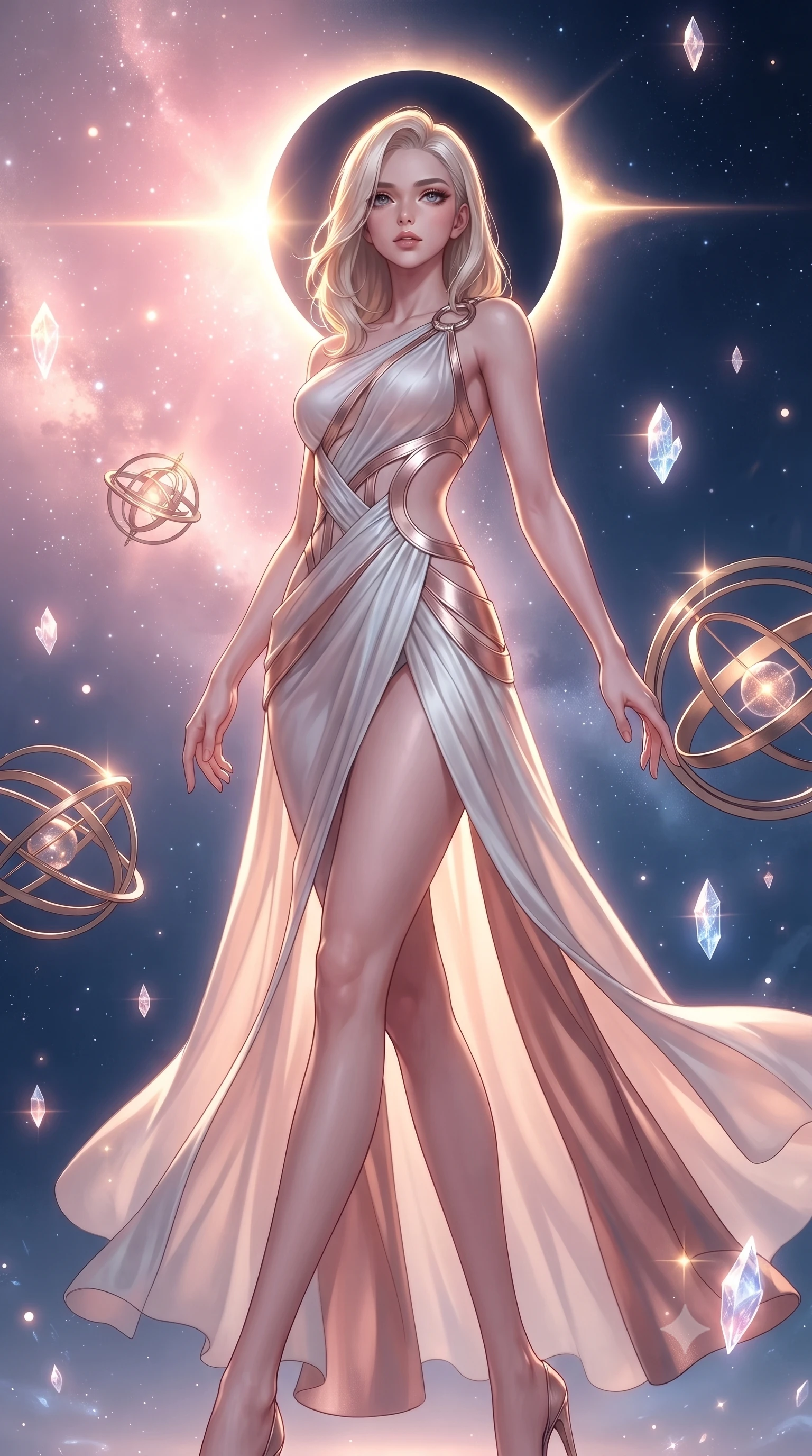 score_9, masterpiece, best quality, ultra-detailed, high-budget anime keyframe, editorial fashion photography, tasteful artistic composition, Caucasian woman. low angle full-body shot from head to toe showing her feet, filling the entire 9:16 vertical frame with her statuesque presence, stretching her vertical silhouette. navigating the luminous space with effortless poise, displaying her perfect model proportions surrounded by floating armillary spheres and glowing starlight crystals, a cosmic eclipse casting brilliant golden rim highlights. She has an absolutely perfect, statuesque 8.5-heads proportion, an exceptionally tall and slender model-like female figure with impossibly long slender legs and an ultra-slim waist. sharp v-shaped jawline, high-bridge nose, intricate jewel-like eyes with depth, thick eyelashes, glossy lips with a natural sheen. wearing an asymmetrical Grecian draped chiffon gown with a metallic shoulder ring in pearl white and rose gold, formed from sleek second-skin neoprene, featuring clean architectural cutouts along her slender torso, the glove-like fit emphasizing her statuesque silhouette. bathed in radiant cosmic pink and deep navy blue ambient light. highly saturated vibrant anime colors, detailed shading with soft gradients, rich glossy textures, high-contrast stereoscopic depth, volumetric dynamic lighting, master piece, 9:16 ratio