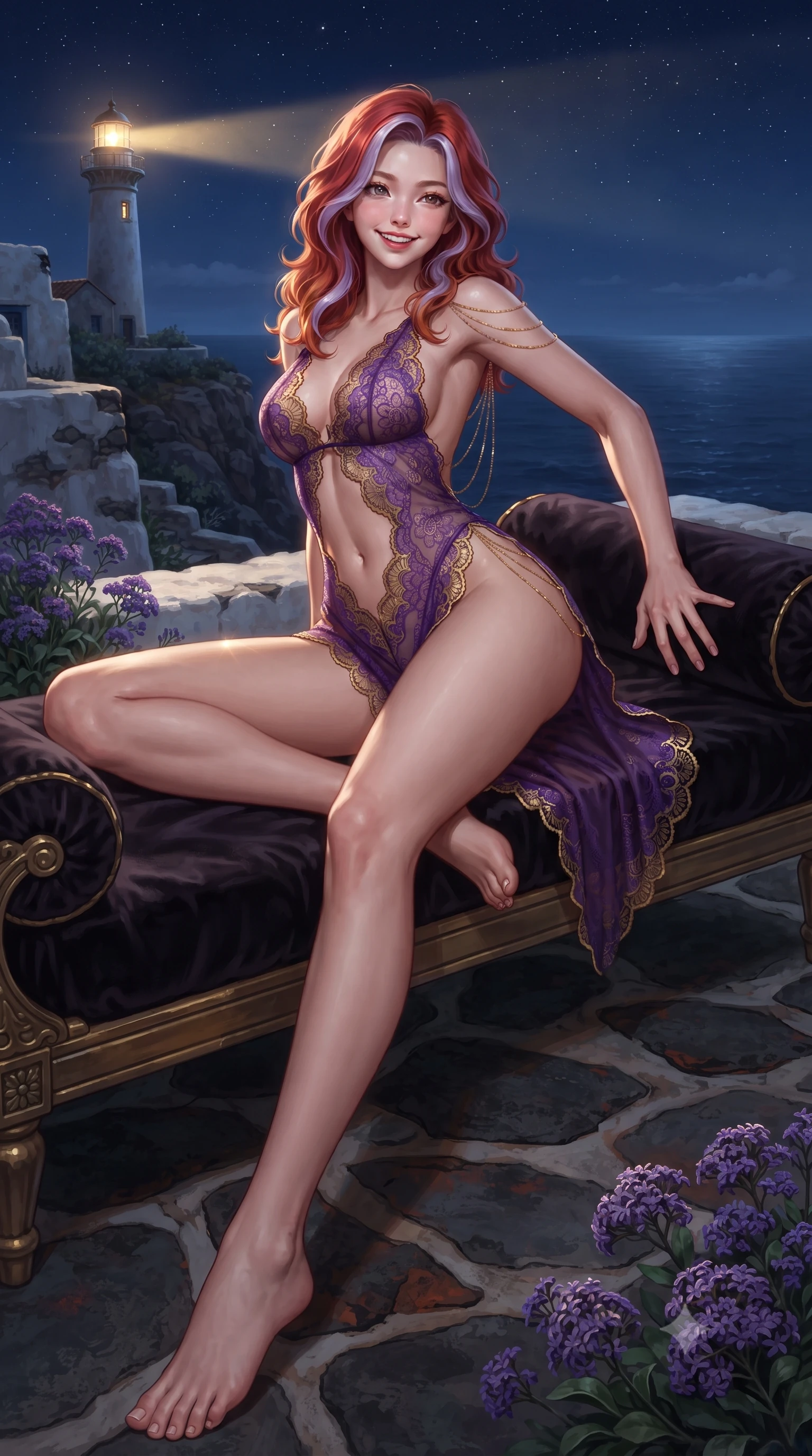 score_9, masterpiece, best quality, ultra-detailed, high-budget anime keyframe, editorial fashion photography, tasteful artistic composition, Caucasian woman. low angle full-body shot from head to toe showing her feet, filling the entire 9:16 vertical frame with her statuesque presence, stretching her vertical silhouette. lounging on the lavish daybed with legs crossed and hips angled toward the camera, displaying her toned midriff and long slender limbs with effortless siren poise while twisting her slender torso in an alluring S-curve, periodic sweeping lighthouse beams casting radiant flashes across her flat midriff and hips. The surrounding environment is rendered in vivid detail and crisp panoramic clarity: sharp weathered whitewashed stonework, natural volcanic flagstone pavers, and wild sea lavender plants in deep focus. She has an exceptionally tall and slender model-like 8.5-heads proportion, an ultra-slim waist, a flat toned midriff, narrow delicate ribcage, and beautifully sculpted feminine hips creating a graceful, slim hourglass silhouette without any bulky heaviness, with impossibly long slender legs. sharp v-shaped jawline, high-bridge nose, intricate jewel-like sparkling eyes with depth, thick eyelashes, glossy parted lips with a natural peach sheen, bright cheerful beaming smile with an enchanting and coquettish sensual glint, exuding both youthful cute charm and seductive allure, flawlessly proportioned anatomical accuracy, strict slender model proportions, natural body alignment, perfectly sculpted long slender limbs, ultra-slim waistline, clean dynamic posture without body distortion. wearing a delicate semi-sheer macramé lace teddy with scalloped edges and open sides in rich royal amethyst purple and gilded filigree, woven from fine semi-opaque stretch illusion mesh tracing her slender contours, accented with an open-back drape framed by falling strands of delicate gold chains, the high-slit wrap tailoring accentuating her ultra-slim waistline and the enchanting curve of her feminine hips with alluring seductive charm. bathed in the periodic sweeping golden glow of the historic lighthouse beam contrasted with deep nocturnal sky and starlight. ultra-reflective glossy finish, specular highlights, rich textural contrasts, high-contrast stereoscopic depth, volumetric dynamic lighting, 2k, ultra detail, master piece, 9:16 ratio