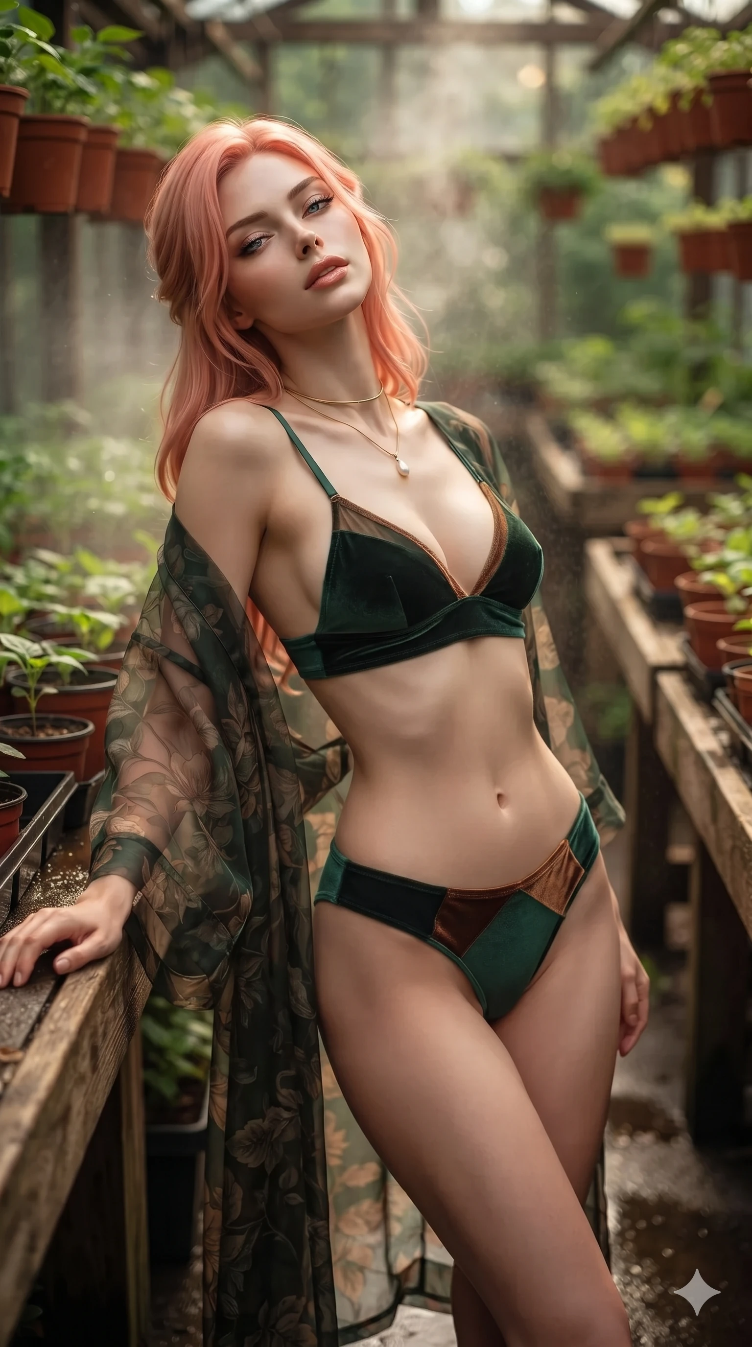 score_9, masterpiece, best quality, ultra-detailed, high-budget anime keyframe, editorial fashion photography, tasteful artistic composition, Japanese woman. close-up cowboy shot from the waist and thighs up, the character dominates the composition, filling the frame with her large presence. leaning back against the balustrade with relaxed seductive grace, head tilted back slightly while casting a hypnotic, heavy-lidded gaze while stepping slowly down the narrow aisle between green seedling flats with feline poise, hips swaying in an alluring rhythm. The background shows a soft-focus endless tiers of green seedlings in terracotta pots, swirling fine water mist, and wooden workbenches blurred into sprout green, terracotta, and amber bokeh. She has an exceptionally elegant, slender, and willowy female figure with an ultra-slim waist, flat toned midriff, narrow ribcage, and sculpted feminine hips creating an alluring, slim hourglass silhouette without bulk. sharp v-shaped jawline, high-bridge nose, sparkling eyes with hypnotic seductive depth, thick curled eyelashes, glossy parted lips with a natural dewy peach sheen, alluring bedroom-eyes with an enchanting coquettish smile, exuding magnetic siren charisma and sophisticated glamour, flawlessly proportioned anatomical accuracy, strict slender model proportions, natural body alignment, perfectly sculpted long slender limbs, ultra-slim waistline, clean dynamic posture without body distortion. wearing a sheer gossamer organza botanical kimono slipping off bare shoulders over a matching satin micro-bralette and briefs in deep forest emerald and antique burnished bronze, tailored from ultra-plush velvet with rich tactile depth and deep shadow gradients, finished with a minimalist gold choker and a single teardrop pearl pendant, the precision-cut side openings and low-back scoop framing her graceful spine and the sensual sweep of her slim, toned hips. illuminated by wet bench surface bounce and sharp golden-amber rim lights sculpting her razor-sharp jawline, narrow waist, and curvy hips. ultra-reflective glossy finish, specular highlights, rich textural contrasts, high-contrast stereoscopic depth, volumetric dynamic lighting, 2k, ultra detail, master piece, 9:16 ratio