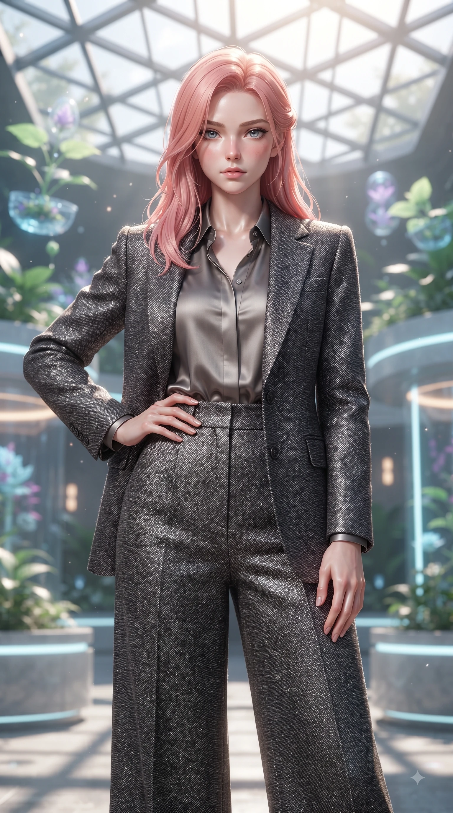 score_9, masterpiece, best quality, ultra-detailed, high-budget anime keyframe, editorial fashion photography, tasteful artistic composition, Japanese woman woman. close-up cowboy shot from the waist and thighs up, the character dominates the composition, filling the frame with her large presence, background elements kept in soft focus. She has an exceptionally elegant, slender, and willowy female figure with an ultra-slim waist, a gracefully sculpted slender torso, and a refined silhouette. holding a confident power pose with one hand on her hip, looking directly into the camera with quiet self-assurance, flawlessly proportioned anatomical accuracy, natural body alignment, perfectly sculpted elegant limbs, clean dynamic posture without body distortion. set against a soft-focus background of a futuristic botanical pavilion with floating hologram plants. wearing a tailored charcoal tweed suit jacket with high-waisted wide trousers. bathed in dappled morning sunlight filtering through glass roof grid structures. ultra-reflective glossy finish, specular highlights, metallic sheen, high-contrast stereoscopic depth, volumetric dynamic lighting, 2k, ultra detail, master piece, 9:16 ratio