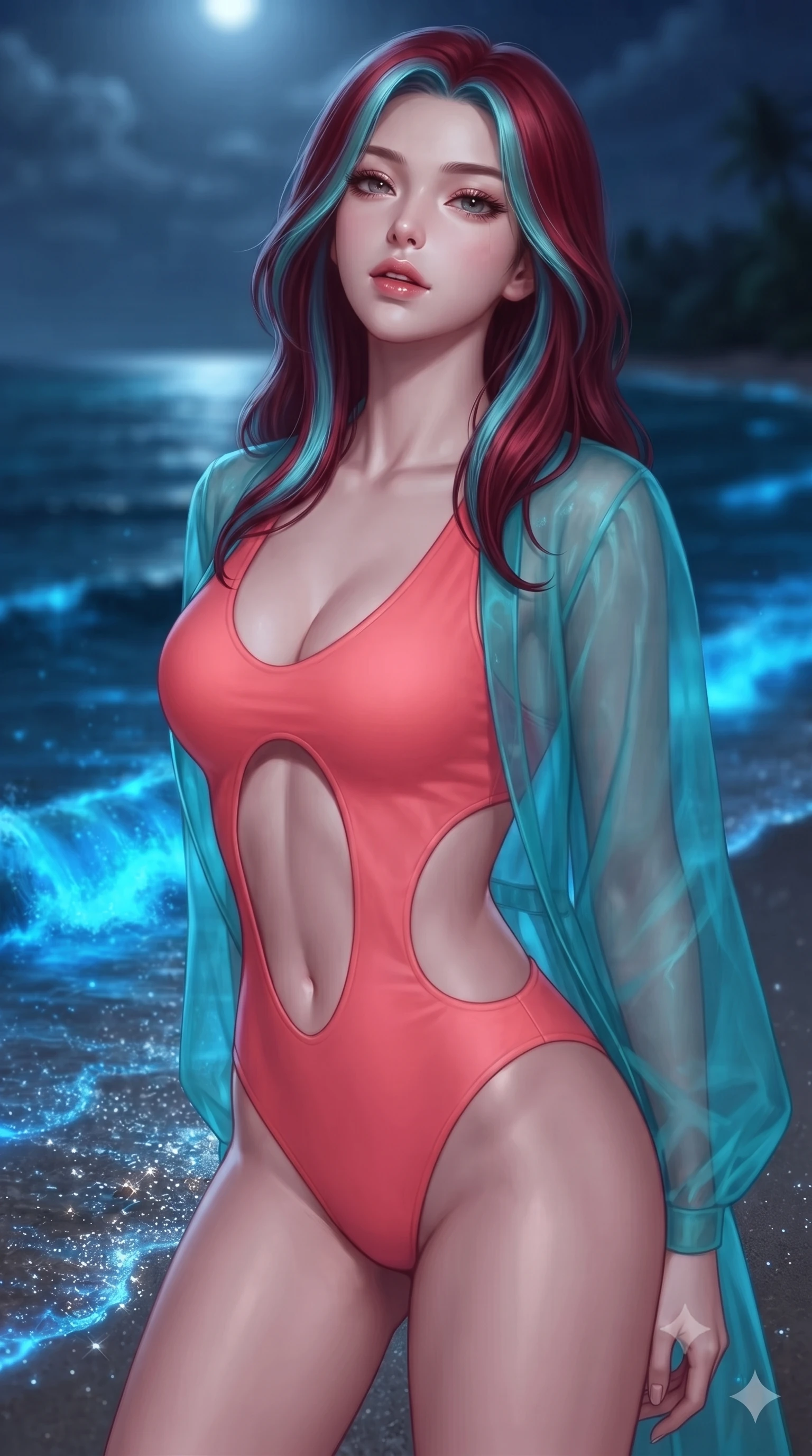 score_9, masterpiece, best quality, ultra-detailed, high-budget anime keyframe, editorial fashion photography, tasteful artistic composition, Caucasian woman, strictly human ears. close-up cowboy shot from the waist and thighs up, the character dominates the composition, filling the frame with her large presence, background elements kept in soft focus. Tilting her chin up slightly with lips parted in a composed expression. set against a soft-focus background of a tropical beach at midnight where every breaking wave crest glows with intense electric blue bioluminescence the wet sand sparkling with disturbed dinoflagellates and the dark ocean pulsing with underwater light. She has an exceptionally elegant and slender, willowy female figure with an ultra-slim waist, a gracefully sculpted slender torso, and a refined slim physique. sharp v-shaped jawline, high-bridge nose, intricate jewel-like eyes with depth, thick eyelashes, glossy lips with a natural sheen. wearing a vibrant coral pink bodysuit with a dramatic open-waist cutout, layered with a sheer turquoise organza wrap shrug. intense electric blue bioluminescent glow from the waves and wet sand with cool silver moonlight from above and the dark ocean providing deep contrast between the glowing tide line and night sky. 2k, ultra detail, master piece, 9:16 ratio