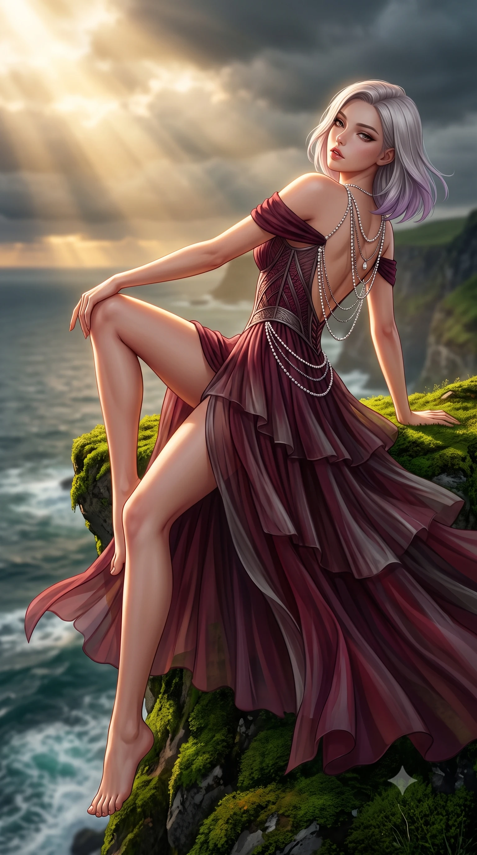score_9, masterpiece, best quality, ultra-detailed, high-budget anime keyframe, semi-realistic 3D game render, editorial fashion photography, tasteful artistic composition, Caucasian woman. low angle full-body shot from head to toe showing her feet, filling the entire 9:16 vertical frame with her statuesque presence, stretching her vertical silhouette. reclining on her side in an elegant Cleopatra pose with one knee drawn up, the dramatic contour of her rounded hips and long slender legs commanding the 9:16 vertical frame while standing on the narrow emerald ridge high above the North Atlantic, arching her back as dramatic Nordic storm clouds break into golden sunbeams. The composition keeps background elements in soft focus with creamy bokeh. sheer vertical green sea cliffs and crashing dark ocean breakers blurred into moody emerald, slate, and golden sunbeam bokeh. She has an exceptionally tall and slender model-like 8.5-heads proportion, an ultra-slim waist, a flat toned midriff, narrow delicate ribcage, and beautifully sculpted feminine hips creating a graceful, slim hourglass silhouette without any bulky heaviness, with impossibly long slender legs. sharp v-shaped jawline, high-bridge nose, intricate jewel-like eyes with depth, thick eyelashes, glossy parted lips with a natural sheen, intensely captivating and seductive bedroom-eyes expression, flawlessly proportioned anatomical accuracy, strict slender model proportions, natural body alignment, perfectly sculpted long slender limbs, ultra-slim waistline, clean dynamic posture without body distortion. wearing an off-shoulder French court corset bodice dress paired with a tiered translucent chiffon slit skirt in deep wine burgundy and brushed dark platinum, woven from layered gossamer chiffon with a weightless sweeping drape, accented with a multi-strand pearl back necklace cascading down her bare spine to her hips, the second-skin form-contouring cut accentuating her sculpted flat midriff, narrow delicate ribcage, and gracefully curvy hips with supermodel precision. bathed in dramatic god-ray sunlight piercing through dark Atlantic storm clouds onto the cliff ridge. highly saturated vibrant anime colors, detailed shading with soft gradients, rich glossy textures, high-contrast stereoscopic depth, volumetric dynamic lighting, master piece, 9:16 ratio