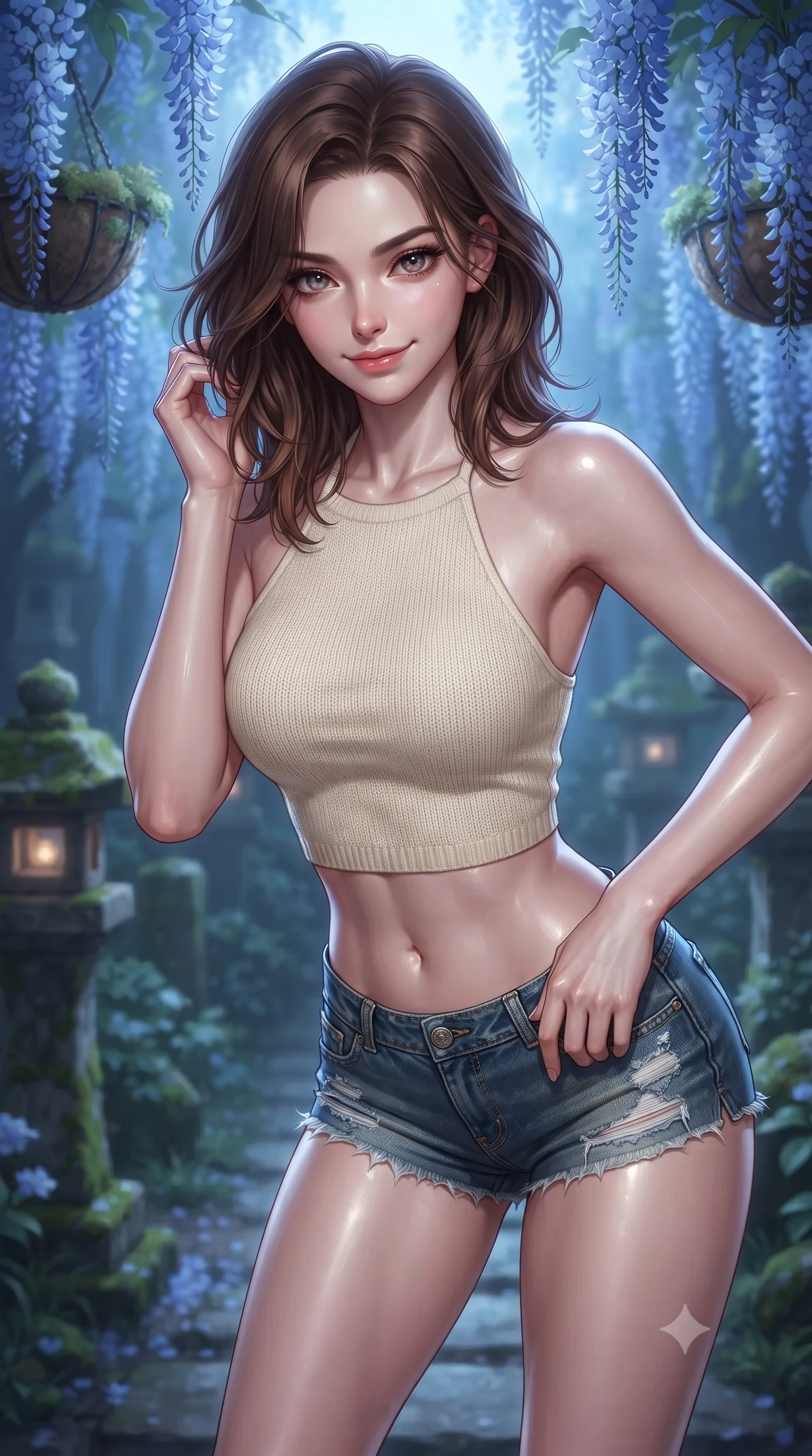 score_9, masterpiece, best quality, ultra-detailed, high-budget anime keyframe, editorial fashion photography, tasteful artistic composition, Korean woman. close-up cowboy shot from the waist and thighs up, the character dominates the composition, filling the frame with her large presence, background elements kept in soft focus. leaning slightly forward with a playful, teasing smile, her gaze locked onto the viewer the background shows a soft-focus a private garden pathway under hanging baskets of blue wisteria and stone lanterns. She has an exceptionally elegant, slender, and willowy female figure with an ultra-slim waist, a gracefully sculpted slender torso, and a refined silhouette. sharp v-shaped jawline, high-bridge nose, intricate jewel-like eyes with depth, thick eyelashes, glossy lips with a natural sheen. wearing a slim-fit chic knit halter crop top paired with denim micro-shorts, showing her delicately sculpted midriff. soft blue ambient glow making her skin luminously stand out. ultra-reflective glossy finish, specular highlights, metallic sheen, high-contrast stereoscopic depth, volumetric dynamic lighting, 2k, ultra detail, master piece, 9:16 ratio