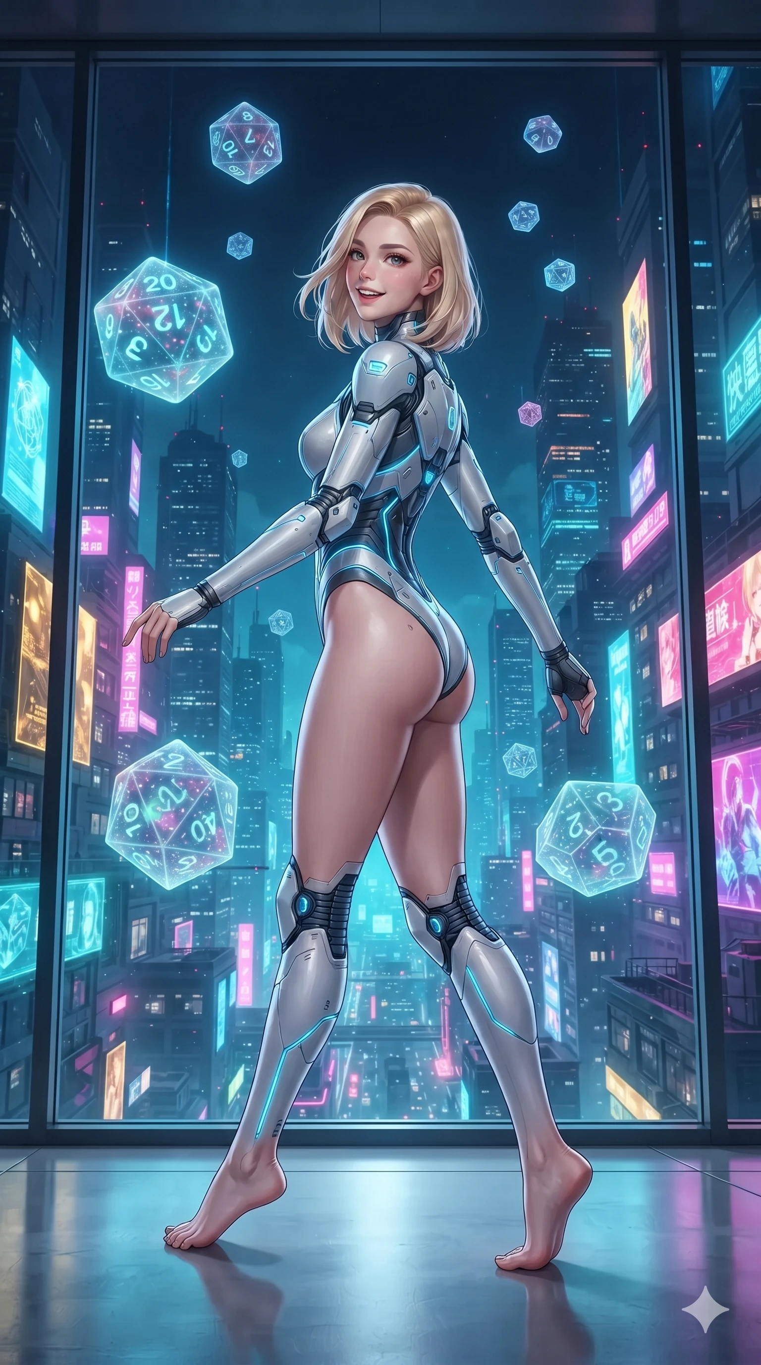 score_9, masterpiece, best quality, ultra-detailed, high-budget anime keyframe, editorial fashion photography, tasteful artistic composition, Korean woman. low angle full-body shot from head to toe showing her feet, filling the entire 9:16 vertical frame with her statuesque presence, stretching her vertical silhouette. executing a cheerful mid-motion pivot turn as her tactical belt and ribbons flutter around her slender legs, glancing over her shoulder with an intoxicating, teasing bedroom-gaze while standing poised against the floor-to-ceiling panoramic glass overlooking towering neon skyscrapers, arching her spine with sovereign glamour as giant holographic dice tumble in mid-air. The surrounding environment is rendered in vivid detail and crisp panoramic clarity: sharp holographic dice numeral facets, polished black marble counter bevels, and crisp skyscraper window grids in deep focus. She has an absolutely perfect, statuesque 8.5-heads proportion, an exceptionally tall and slender model-like female figure with impossibly long slender legs, an ultra-slim waist, a flat toned midriff, narrow delicate ribcage, and beautifully sculpted feminine hips creating a graceful, slim hourglass silhouette without any bulky heaviness. sharp v-shaped jawline, high-bridge nose, intricate jewel-like sparkling eyes with depth, thick eyelashes, glossy parted lips with a natural sheen, bright confident smile with an enchanting and coquettish sensual glint, exuding both youthful magnetic charm and sovereign high-tech allure, flawlessly proportioned anatomical accuracy, strict slender model proportions, natural body alignment, perfectly sculpted long slender limbs, ultra-slim waistline, clean dynamic posture without body distortion. wearing a provocative sheer-illusion nanotech lace bodysuit with strategic metallic foil flocking and high-cut leg openings in arctic snowflake white and electric plasma blue, crafted from lightweight aerodynamic matte carbon-fiber weave with structural stiffness, featuring fine criss-cross lace-up side ties revealing tantalizing glimpses of her hip curve, the glove-like clinging cut tightly following the natural contour of her hips and long slender legs with youthful 8.5-heads elegance. bathed in the dazzling panoramic ambient glow of the multi-tiered neon metropolis filtered through panoramic glass. ultra-reflective glossy finish, specular highlights, rich textural contrasts, high-contrast stereoscopic depth, volumetric dynamic lighting, 2k, ultra detail, master piece, 9:16 ratio