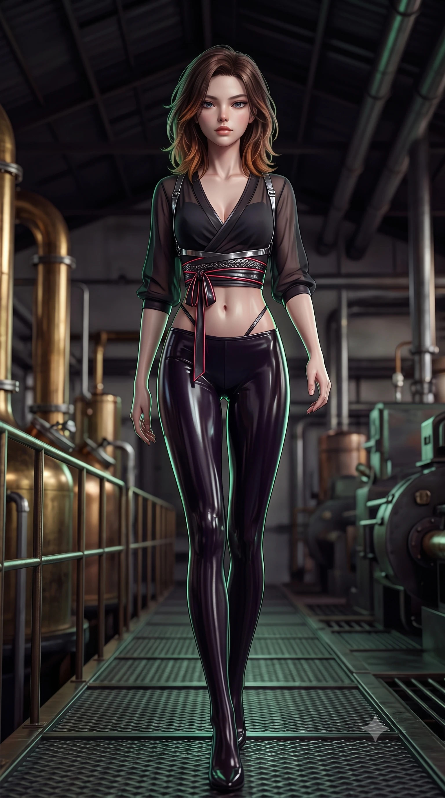 score_9, masterpiece, best quality, ultra-detailed, high-budget anime keyframe, semi-realistic 3D game render, editorial fashion photography, tasteful artistic composition, Korean woman. low angle full-body shot from head to toe showing her feet, filling the entire 9:16 vertical frame with her statuesque presence, stretching her vertical silhouette. striding forward in a proud, statuesque motion with a dangerous smolder, hips swaying with fierce allure, dominating the frame from head to toe while pivoting dynamically between brass distillation pipes and humming machinery as emerald light traces her body contours. The composition keeps background elements in soft focus with creamy bokeh. industrial metal catwalks and shadow-cloaked ceilings softened in shallow atmospheric depth. She has an absolutely perfect, statuesque 8.5-heads proportion, an exceptionally tall and slender model-like female figure with impossibly long slender legs, a toned flat midriff, and an ultra-slim waist. sharp v-shaped jawline, high-bridge nose, intricate jewel-like eyes with depth, thick eyelashes, glossy lips with a natural sheen, flawlessly proportioned anatomical accuracy, strict slender model proportions, natural body alignment, perfectly sculpted long slender limbs, ultra-slim waistline, clean dynamic posture without body distortion. wearing a shortened dark gothic-fusion wrap top with transparent chiffon panels, a deep crossover neckline, and a metallic waist sash in shadowy asphalt black and subtle neon red edges, formed from high-gloss patent material with specular chiaroscuro reflections, reinforced by a sleek metallic chrome harness and delicate dark glowing micro-straps, the form-contouring material adhering flawlessly to her sculpted flat midriff and slender torso, emphasizing her long leg lines and perfectly proportioned willowy build. illuminated by crisp green rim highlights outlining her ultra-slim waist and sculpted silhouette. rich saturated anime colors with deep moody shadows, detailed chiaroscuro shading with soft gradients, rich glossy textures, high-contrast stereoscopic depth, volumetric dynamic shadow lighting, master piece, 9:16 ratio
