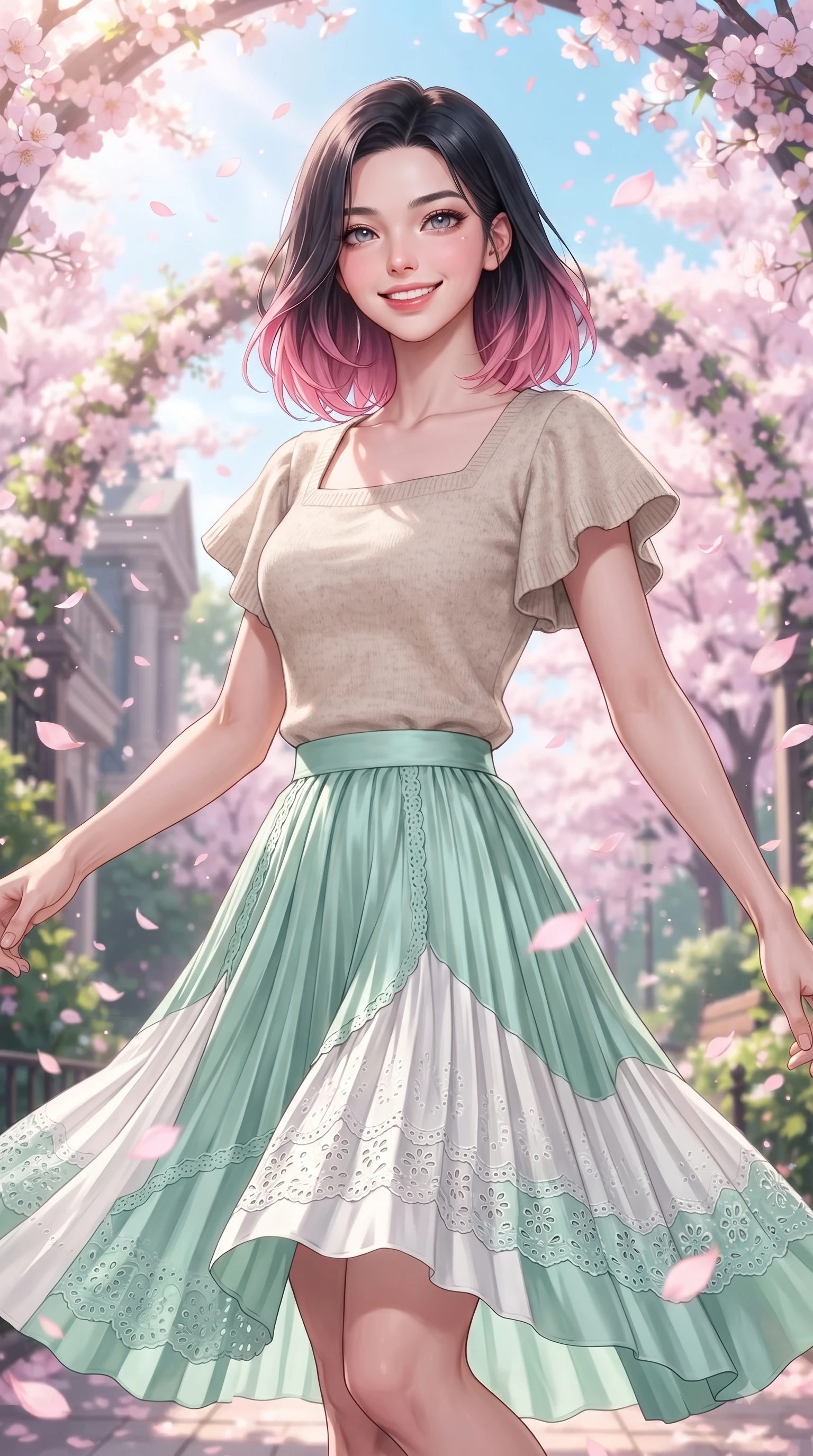 score_9, masterpiece, best quality, ultra-detailed, high-budget anime keyframe, editorial fashion photography, tasteful artistic composition, Korean woman. close-up cowboy shot from the waist and thighs up, the character dominates the composition, filling the frame with her large presence. Tilting her chin up with a sweet beaming smile of pure delight while balancing dynamically amidst the scene while pivoting dynamically with a beaming smile as delicate pink cherry blossom petals shower around her. The surrounding environment is rendered in vivid detail and crisp panoramic clarity. vibrant spring sunlight scattering through blooming flower arches with high environmental clarity. She has an exceptionally elegant, slender, and willowy female figure with an ultra-slim waist, a gracefully sculpted slender torso, and a refined silhouette. sharp v-shaped jawline, high-bridge nose, intricate jewel-like eyes with depth, thick eyelashes, glossy lips with a natural sheen, flawlessly proportioned anatomical accuracy, natural body alignment, perfectly sculpted elegant limbs, clean dynamic posture without body distortion. wearing a soft oatmeal cashmere pullover sweater paired with a flowing pleated satin skirt in refreshing mint green and crisp white, woven with delicate eyelet lace and soft cotton, featuring elegant flutter sleeves and a graceful square neckline, the chic real-way fashion cut emphasizing her effortless charm. surrounded by a fresh, sweet, and nostalgic spring park atmosphere. ultra-reflective glossy finish, specular highlights, metallic sheen, high-contrast stereoscopic depth, volumetric dynamic lighting, 2k, ultra detail, master piece, 9:16 ratio