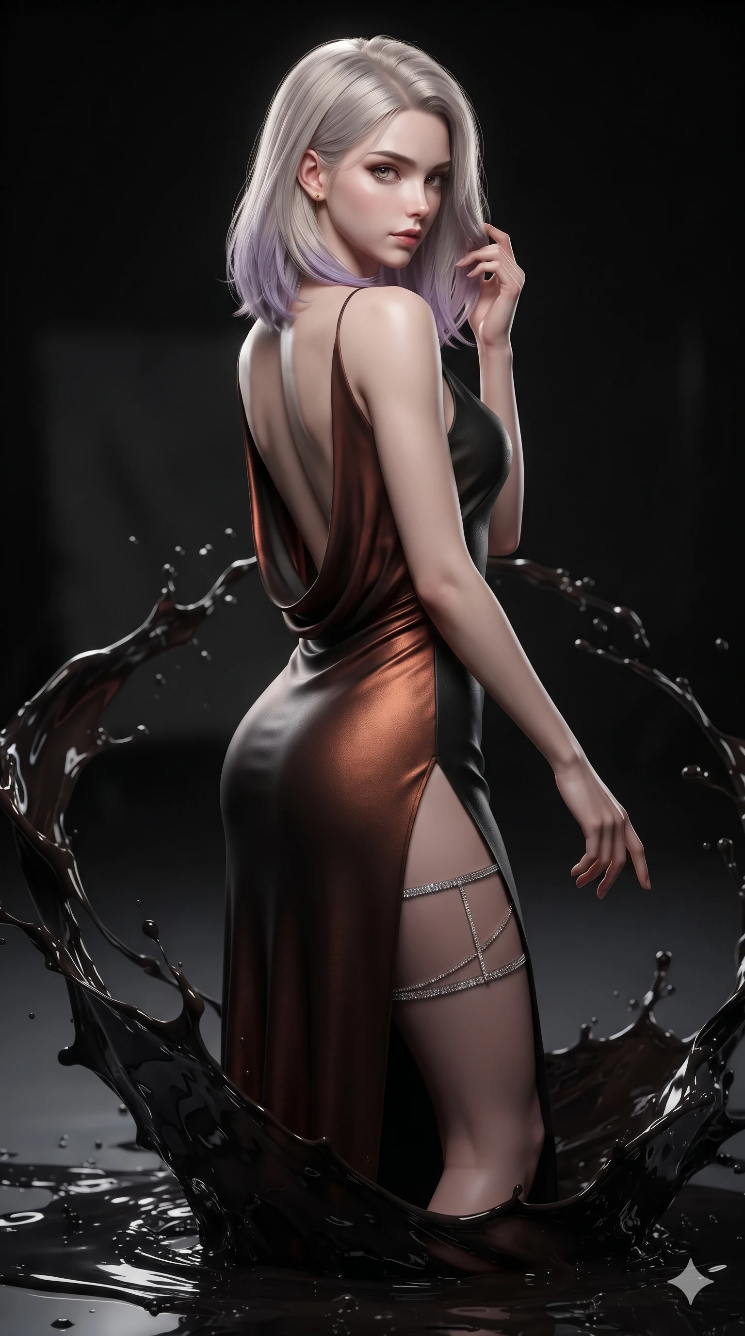 score_9, masterpiece, best quality, ultra-detailed, high-budget anime keyframe, editorial fashion photography, tasteful artistic composition, Caucasian woman. close-up cowboy shot from the waist and thighs up, the character dominates the composition, filling the frame with her large presence. posing in an alluring rear three-quarter angle, turning over a bare shoulder with an intoxicating, smoldering gaze while poised on a dark reflective glass floor drenched in dark fluid paint splashes, dynamic paint splash trails framing her slender athletic silhouette. The background shows a soft-focus pitch-black art studio atmosphere softened in conceptual gallery shallow focus. She has an exceptionally elegant, slender, and willowy female figure with an ultra-slim waist, flat toned midriff, narrow ribcage, and sculpted feminine hips creating an alluring, slim hourglass silhouette without bulk. sharp v-shaped jawline, high-bridge nose, intricate jewel-like dark sparkling eyes with hypnotic seductive depth, thick curled eyelashes, glossy parted lips with a natural wine sheen, alluring bedroom-eyes with an enigmatic smoldering smile, exuding magnetic sovereign charisma and dark avant-garde glamour, flawlessly proportioned anatomical accuracy, strict slender model proportions, natural body alignment, perfectly sculpted long slender limbs, ultra-slim waistline, clean dynamic posture without body distortion. wearing a form-contouring gossamer silk chiffon slip dress with hip-high slit and open cowl back clinging with mist in dark burnt copper and matte black, made of supple butter-soft lambskin leather with a subtle satin sheen, finished with delicate crystal-encrusted thigh garter straps glinting in the laser glare, contouring every curve with an exceptionally elegant silhouette and captivating allure. illuminated by reflective glass floor bounce and sharp silver-mercury rim lights sculpting her razor-sharp jawline, narrow waist, and curvy hips. ultra-reflective glossy finish, specular highlights, metallic sheen, high-contrast stereoscopic depth, volumetric dynamic lighting, 2k, ultra detail, master piece, 9:16 ratio