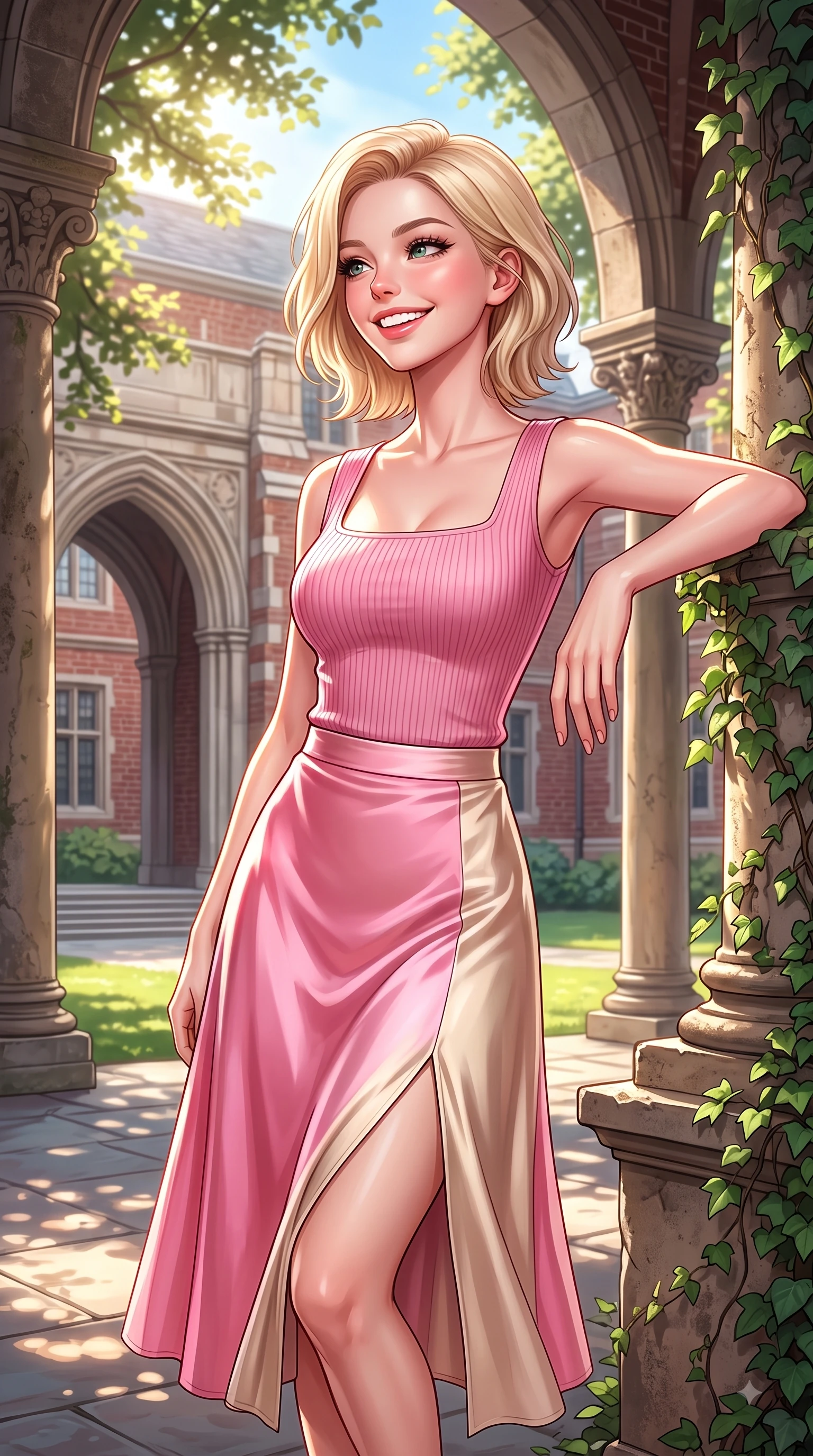 score_9, masterpiece, best quality, ultra-detailed, high-budget anime keyframe, editorial fashion photography, tasteful artistic composition, Caucasian woman. close-up cowboy shot from the waist and thighs up, the character dominates the composition, filling the frame with her large presence. Radiant youthful grin reflecting girlhood charm while casting a playful, joyful side-gaze with heavy lashes while leaning against an antique stone pillar in a sun-drenched university quadrangle. The surrounding environment is rendered in vivid detail and crisp panoramic clarity. classic red-brick campus architecture, ivy-covered stone walls, and grand archways captured in deep focus. She has an exceptionally elegant, slender, and willowy female figure with an ultra-slim waist, a gracefully sculpted slender torso, and a refined silhouette. sharp v-shaped jawline, high-bridge nose, intricate jewel-like eyes with depth, thick eyelashes, glossy lips with a natural sheen, flawlessly proportioned anatomical accuracy, natural body alignment, perfectly sculpted elegant limbs, clean dynamic posture without body distortion. wearing a chic square-neck ribbed top paired with a flowing A-line midi skirt in bright cherry blossom pink and champagne, crafted from smooth liquid silk satin, featuring a sleek side leg slit ascending to mid-thigh, the elegant draped fit framing her graceful clavicle and slender torso. bathed in brilliant sunny morning light filtering through tree canopies. highly saturated vibrant anime colors, detailed shading with soft gradients, rich glossy textures, high-contrast stereoscopic depth, volumetric dynamic lighting, master piece, 9:16 ratio
