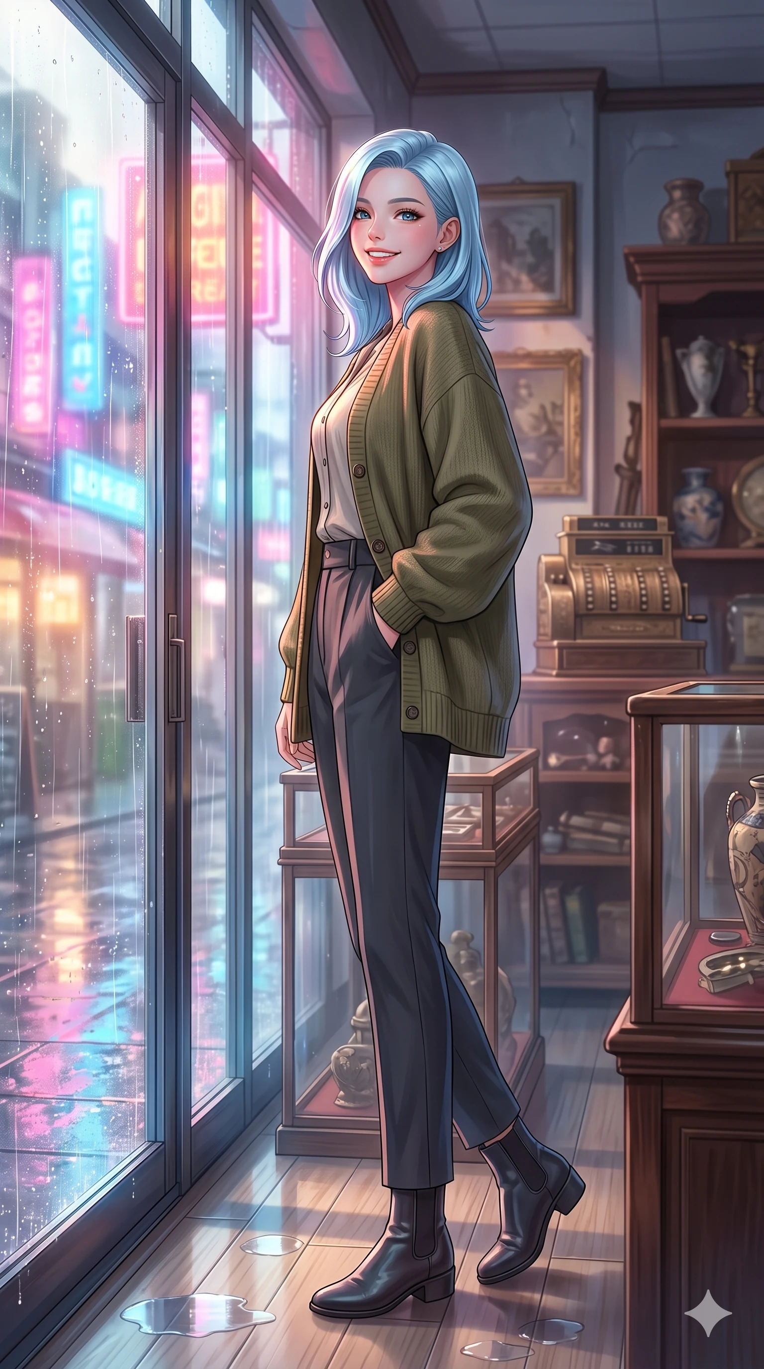 score_9, masterpiece, best quality, ultra-detailed, high-budget anime keyframe, vibrant anime aesthetic, Korean woman. low angle full-body shot from head to toe showing her feet, filling the entire 9:16 vertical frame with her statuesque presence, stretching her vertical silhouette. She is looking over her shoulder, smiling cheerfully at the viewer, with a bright, joyful gaze surrounded by fresh morning mist. inside an antique shop showroom with large display windows showing rain-streaked neon lights of the city (Code-P22-023). She has an absolutely perfect 8-heads proportion, an exceptionally tall and slender female figure with impossibly long slender legs and an ultra-slim waist. V-shaped jawline, high-bridge nose, intricate jewel-like eyes with depth, thick eyelashes, glossy lips with a natural sheen. wearing an oversized olive green knit cardigan over a buttoned cotton blouse and tailored trousers with stylish boots. She is lit by bright neon light reflections in water puddles, creating a glowing twilight aura, casting soft shadows that enhance her features during a refreshing sun shower. 2k, ultra detail, master piece, 9:16 ratio