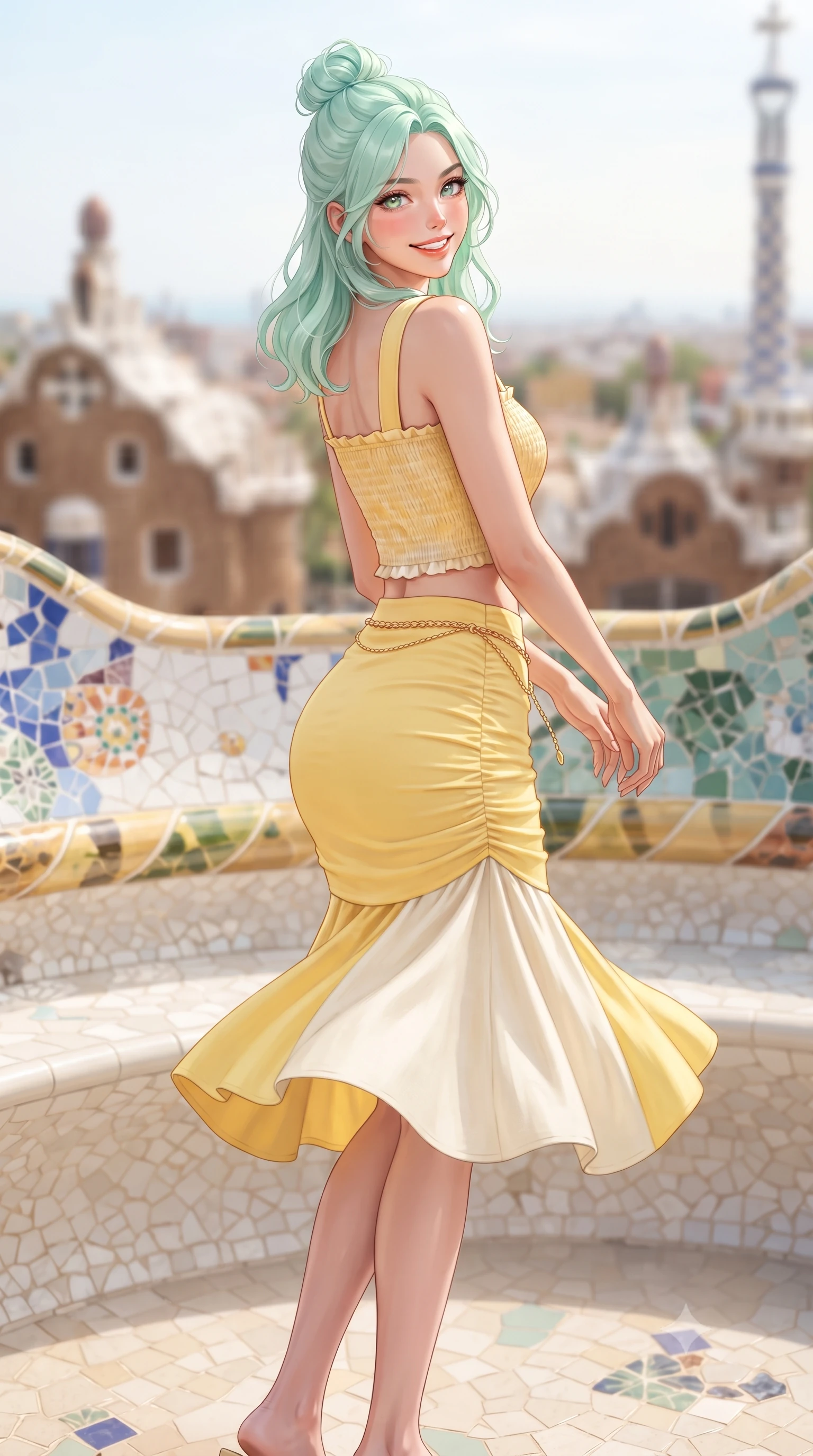 score_9, masterpiece, best quality, ultra-detailed, high-budget anime keyframe, editorial fashion photography, tasteful artistic composition, Japanese woman. low angle full-body shot from head to toe showing her feet, filling the entire 9:16 vertical frame with her statuesque presence, stretching her vertical silhouette. executing a cheerful mid-motion pivot turn as her skirt flutters around her slender legs, glancing over her shoulder with an intoxicating, teasing cute expression while leaning back against the curved ceramic tile parapet with hips cocked back, looking over a bare shoulder with an audacious, coquettish gaze. The composition keeps background elements in soft focus with dreamy creamy bokeh. colorful Gaudi ceramic mosaic bench patterns and gingerbread pavilion roofs blurred into coral, turquoise, and canary-yellow bokeh. She has an exceptionally tall and slender model-like 8.5-heads proportion, an ultra-slim waist, a flat toned midriff, narrow delicate ribcage, and beautifully sculpted feminine hips creating a graceful, slim hourglass silhouette without any bulky heaviness, with impossibly long slender legs. sharp v-shaped jawline, high-bridge nose, intricate jewel-like sparkling eyes with depth, thick eyelashes, glossy parted lips with a natural peach sheen, bright cheerful beaming smile with an enchanting and coquettish sensual glint, exuding both youthful cute charm and seductive allure, flawlessly proportioned anatomical accuracy, strict slender model proportions, natural body alignment, perfectly sculpted long slender limbs, ultra-slim waistline, clean dynamic posture without body distortion. wearing a fitted square-neck smocked crop top paired with a curve-hugging ruched mermaid midi skirt in bright butter yellow and fresh cream white, crafted from soft breathable linen with effortless natural drape, accented with a delicate gold chain belt resting loosely on her curvy hips, the form-fitting cut adhering flawlessly to her sculpted flat midriff and slender torso, emphasizing her long leg lines and perfectly proportioned willowy build. illuminated by vibrant mosaic tile bounce light contouring her sculpted cheekbones, ultra-slim waist, and curvy hips. ultra-reflective glossy finish, specular highlights, rich textural contrasts, high-contrast stereoscopic depth, volumetric dynamic lighting, 2k, ultra detail, master piece, 9:16 ratio