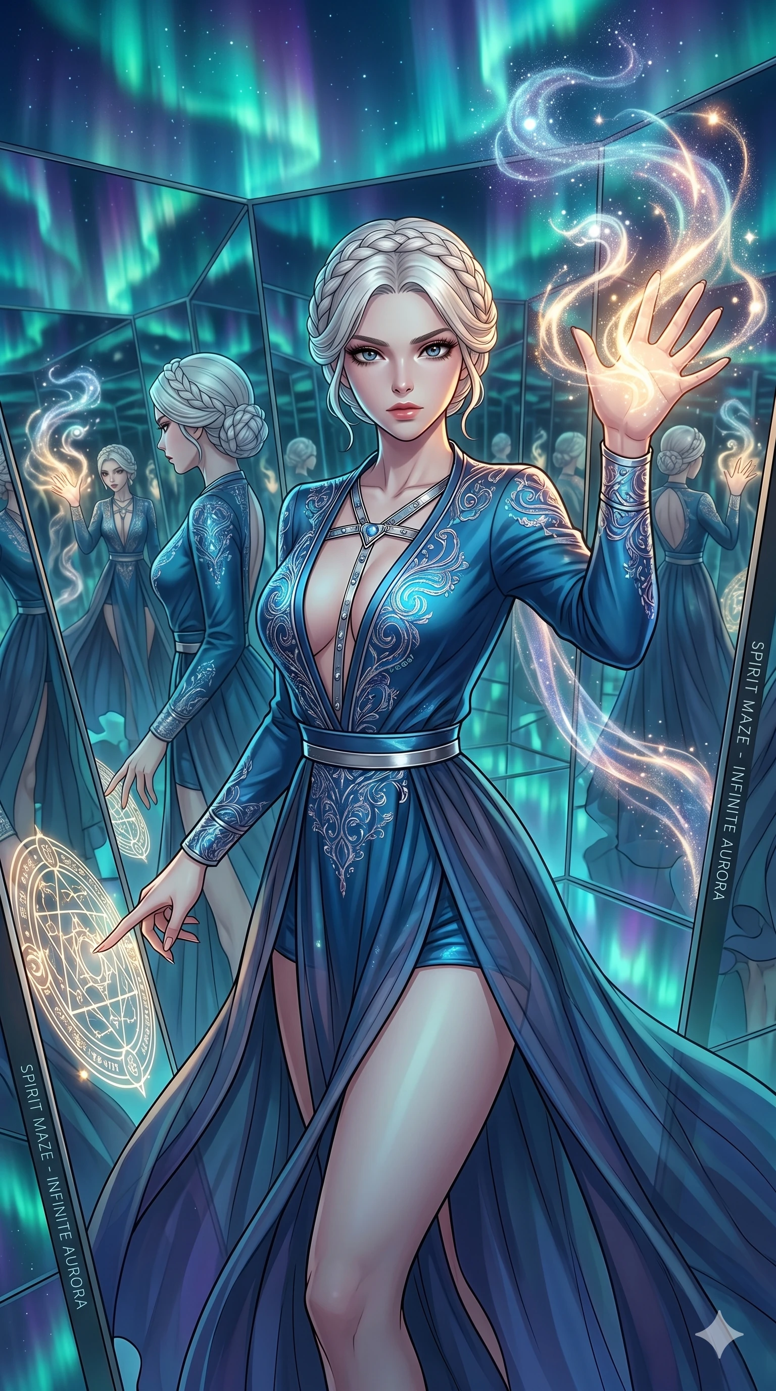 score_9, masterpiece, best quality, ultra-detailed, high-budget anime movie keyframe, cinematic anime lighting, intricate line art, Korean woman. Medium shot of upper body capturing the intricate details of her high-fashion attire. summoning mystical spirits in a infinite mirror maze amidst aurora borealis. She has an absolutely perfect 8-heads proportion, an exceptionally tall and slender female figure with an ultra-slim waist and impossibly long slender legs. sharp v-shaped jawline, high-bridge nose, intricate jewel-like eyes, thick eyelashes, glossy lips. Wearing modernized deep-plunging silk hanbok-fusion with metallic straps, a high-slit sheer skirt over micro-shorts, and holographic embroidered patterns. The scene is illuminated by dramatic atmospheric lighting and vibrant color palettes. , 2k, ultra detail, master piece, 9:16 ratio