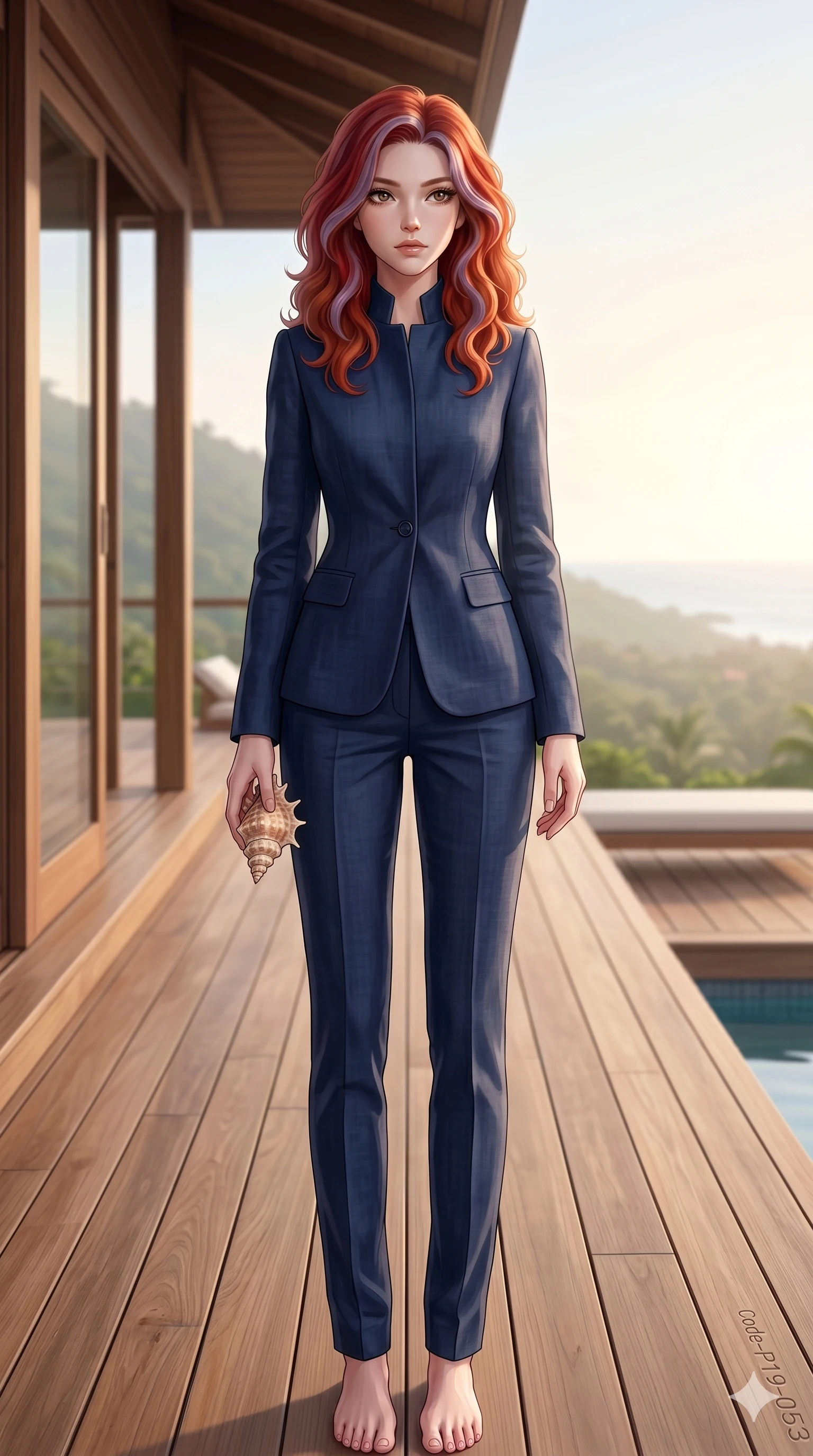 score_9, masterpiece, best quality, ultra-detailed, high-budget anime keyframe, editorial fashion photography, tasteful artistic composition, Caucasian woman, strictly human ears. low angle full-body shot from head to toe showing her feet, filling the entire 9:16 vertical frame with her statuesque presence, stretching her vertical silhouette. holding a seashell, looking past the camera with a thoughtful, focused expression on a private teak deck of a luxury beach villa with morning sunshine (Code-P19-053). She has an absolutely perfect 8-heads proportion, an exceptionally tall and slender female figure with impossibly long slender legs and an ultra-slim waist. V-shaped jawline, high-bridge nose, intricate jewel-like eyes with depth, thick eyelashes, glossy lips with a natural sheen. wearing a tailored high-neck blazer in navy linen with matching long trousers. soft natural ambient light, creating a calm, glowing atmosphere in the valley. 2k, ultra detail, master piece, 9:16 ratio