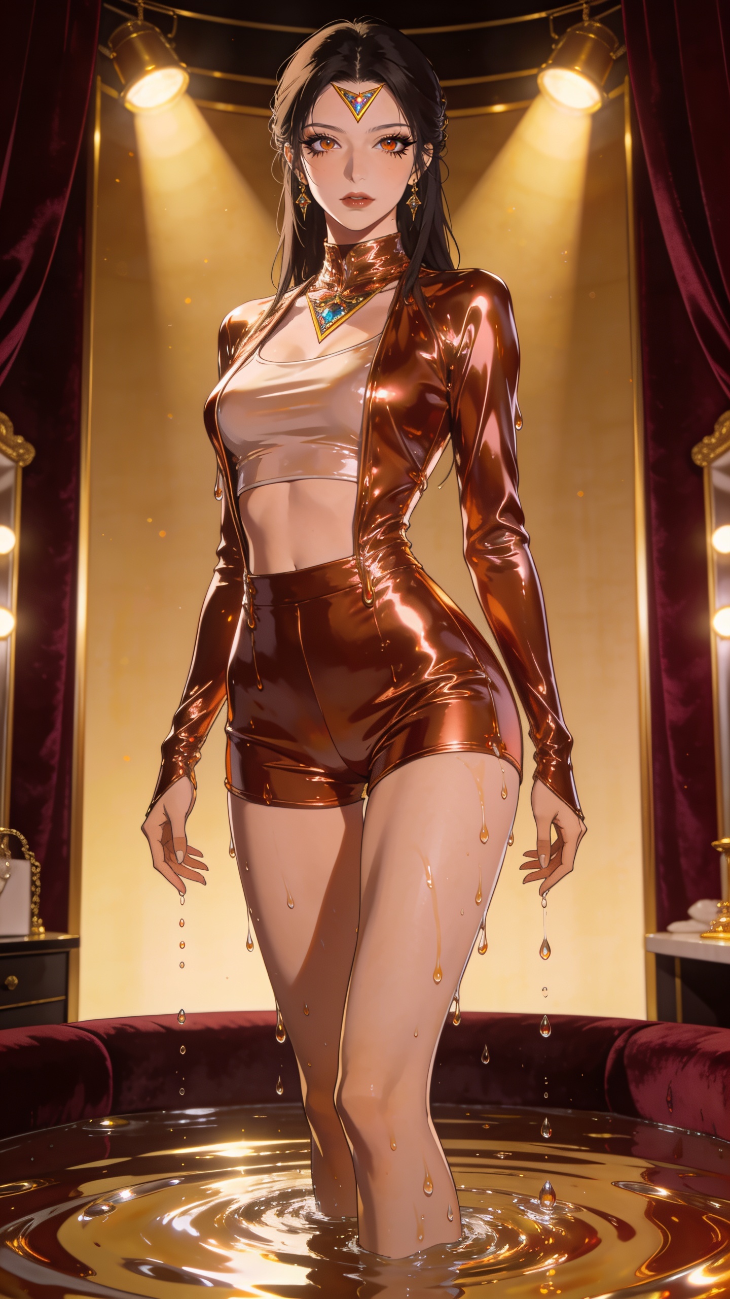score_9, masterpiece, best quality, ultra-detailed, High-budget Anime Keyframe, East Asian woman. Dynamic full-body shot stretching the vertical silhouette to the limit. Scenario 482: rising from a pool of mercury-like liquid, droplets rolling off her skin, in a velvet-lined dressing room illuminated by soft golden spotlights. Her presence is magnetic and overpowering in this high-budget anime scene. Outfit 482: a body-hugging metallic copper liquid silk jumpsuit worn over an opaque crop top and high-waisted shorts. The clothing is designed to emphasize her exceptionally tall and slender 8-heads proportion. 8-heads proportion, towering silhouette, ultra-slim waist. sharp v-shaped jawline, intricate jewel-like eyes with depth, thick eyelashes, glossy lips. 2k, ultra detail, master piece, 9:16 ratio