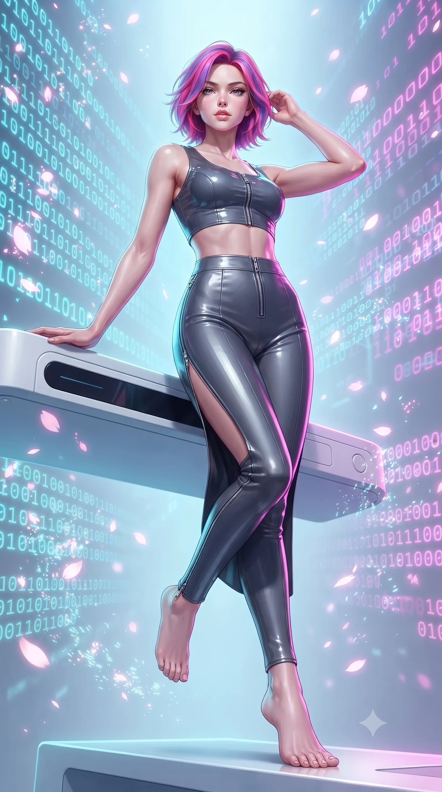 score_9, masterpiece, best quality, ultra-detailed, high-budget anime keyframe, editorial fashion photography, tasteful artistic composition, Caucasian woman. low angle full-body shot from head to toe showing her feet, filling the entire 9:16 vertical frame with her statuesque presence, stretching her vertical silhouette. navigating the luminous space with effortless poise, displaying her perfect model proportions resting on a sleek white floating console amidst glowing code streams, floating digital sakura petals flickering into binary code sparks. She has an absolutely perfect, statuesque 8.5-heads proportion, an exceptionally tall and slender model-like female figure with impossibly long slender legs and an ultra-slim waist. sharp v-shaped jawline, high-bridge nose, intricate jewel-like eyes with depth, thick eyelashes, glossy lips with a natural sheen. wearing a glossy vinyl crop top and high-waist tailored leggings with sleek zippers in charcoal grey and platinum, formed from sleek second-skin neoprene, finished with a sleek side slit ascending to mid-thigh, the sleek second-skin texture accentuating her magnetic presence. bathed in brilliant neon cyan and magenta rim light with clean white ambient glow. ultra-reflective glossy finish, specular highlights, metallic sheen, high-contrast stereoscopic depth, volumetric dynamic lighting, 2k, ultra detail, master piece, 9:16 ratio