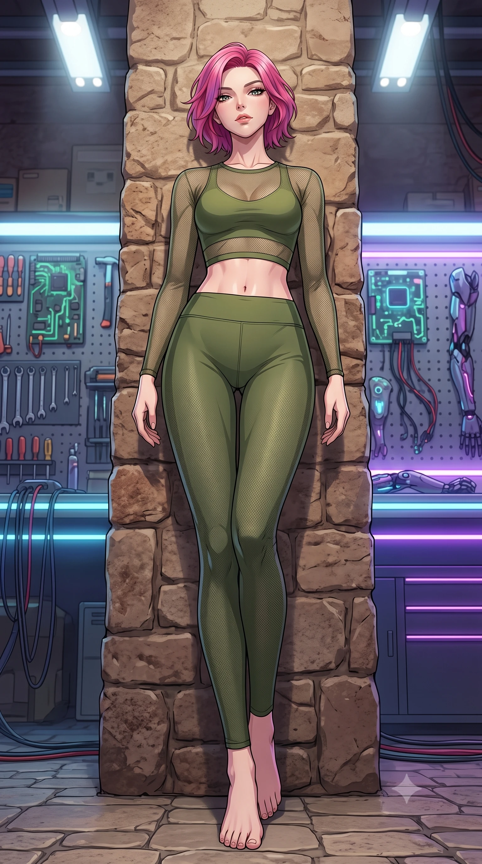 score_9, masterpiece, best quality, ultra-detailed, high-budget anime keyframe, tasteful artistic composition, Caucasian woman. low angle full-body shot from head to toe showing her feet, filling the entire 9:16 vertical frame with her statuesque presence, stretching her vertical silhouette. leaning back against a rustic stone wall, casting a slow, alluring gaze at the camera the background shows a soft-focus a futuristic workshop with tool racks, cyber-wear parts, and a neon workbench. She has an absolutely perfect, statuesque 8.5-heads proportion, an exceptionally tall and slender model-like female figure with impossibly long slender legs and an ultra-slim waist. sharp v-shaped jawline, high-bridge nose, intricate jewel-like eyes with depth, thick eyelashes, glossy lips with a natural sheen. wearing a form-contouring sheer mesh long-sleeve crop top in olive green, worn over a matching sports bra and leggings. bright workbench spotlights casting clear, detailed front lighting and soft back shadow. highly saturated vibrant anime colors, cel-shading, 2d style, master piece, 9:16 ratio
